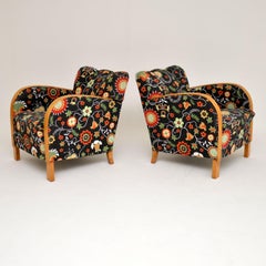Pair of Swedish Art Deco Satin Birch Armchairs – Fabric by Josef Frank