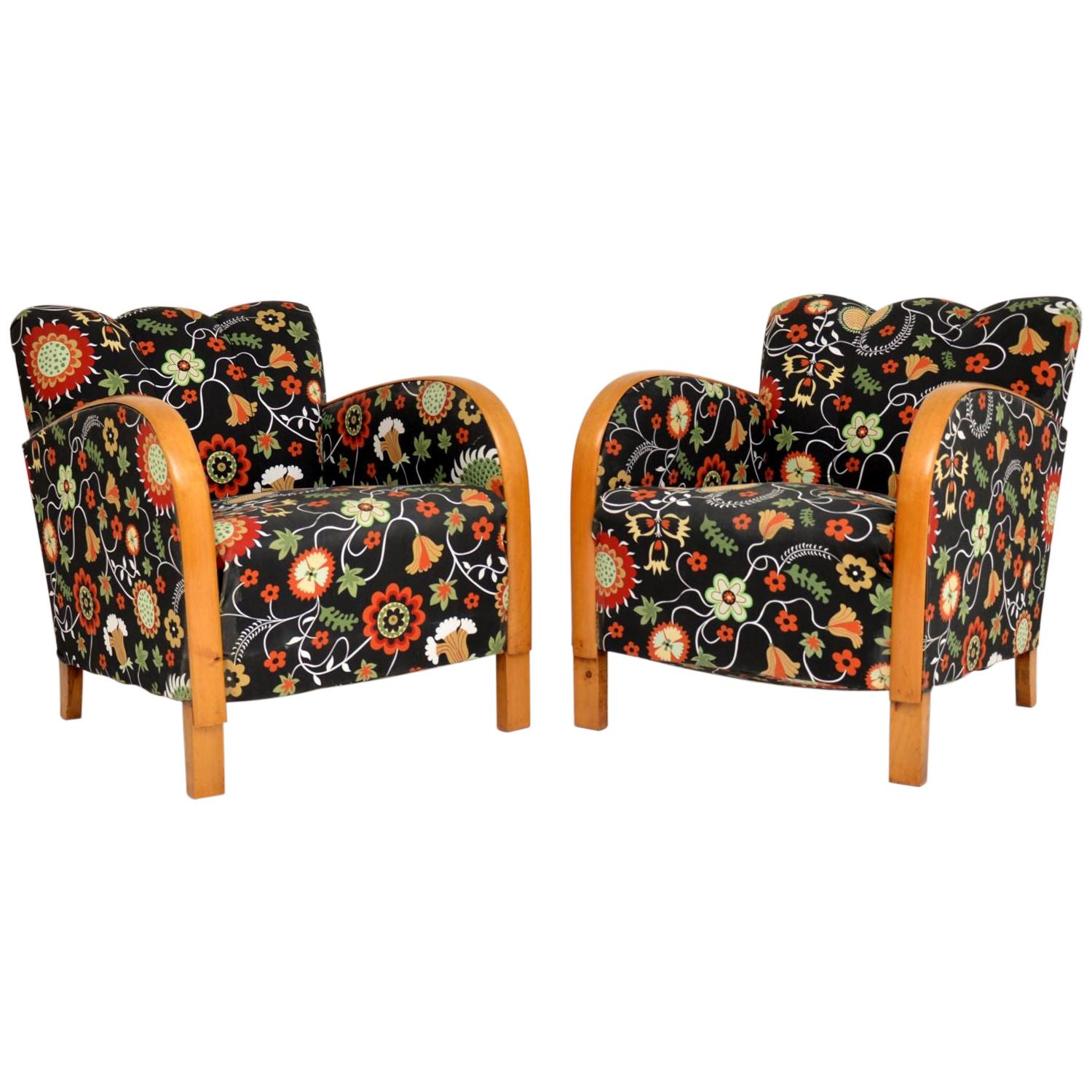 Pair of Swedish Art Deco Satin Birch Armchairs – Fabric by Josef Frank