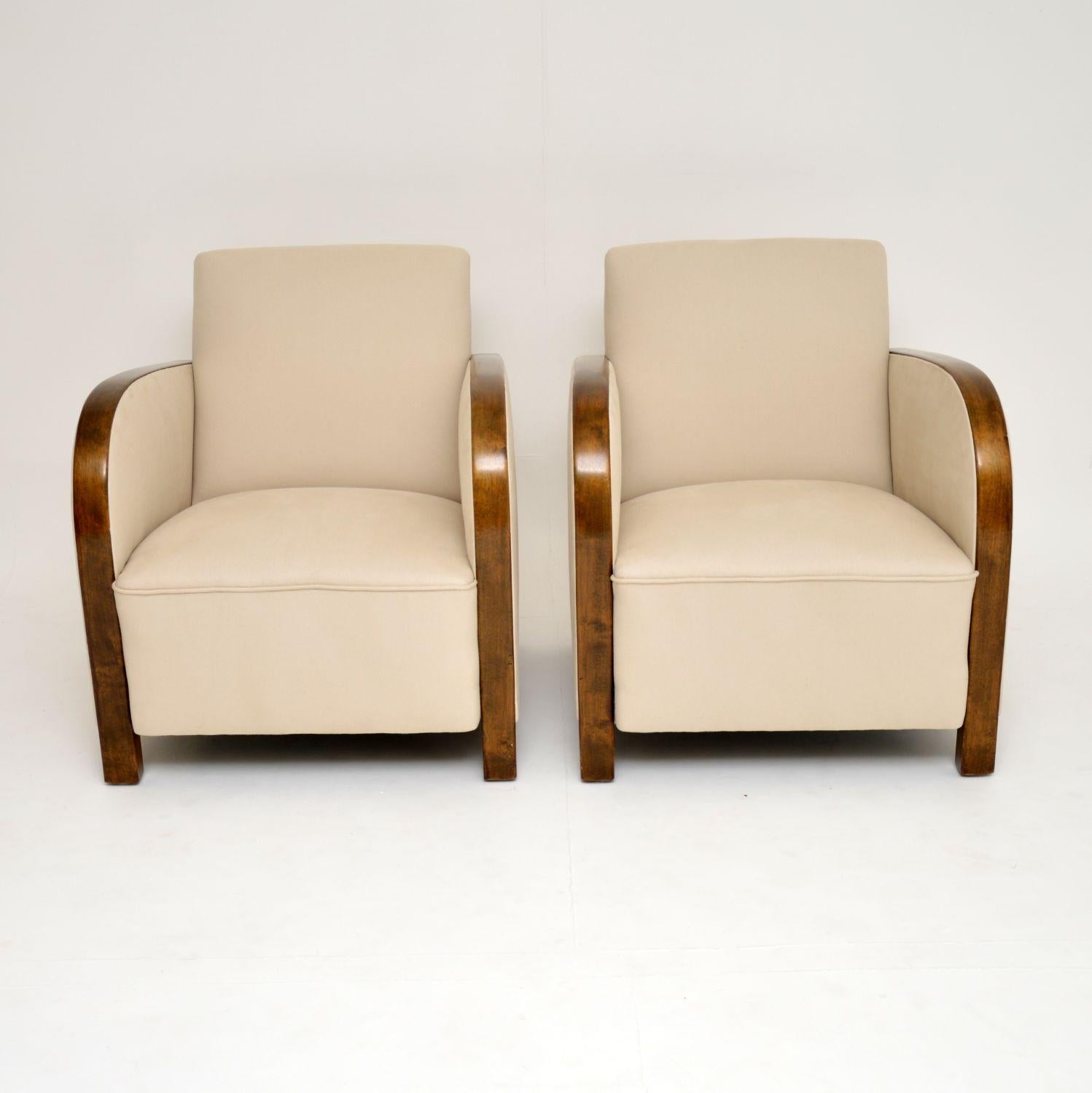 Pair of original Swedish Art Deco Satin Birch armchairs, that have just come over from Sweden, been re-polished and re-upholstered in our regular cream natural cotton fabric.

We have been waiting for ages for this next batch of Art Deco armchairs
