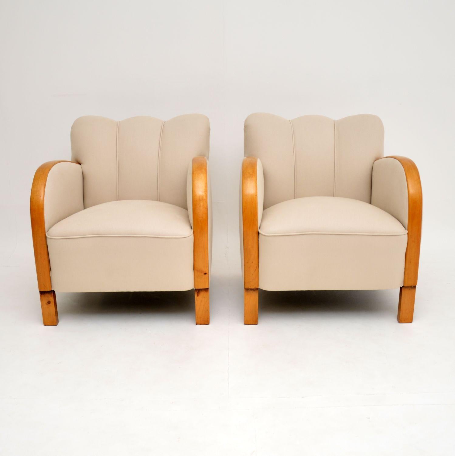 A Very stylish pair of original Art Deco period armchairs. These were made in Sweden, they date from circa 1930s.

We have recently brought these over from Sweden. The wood has been French polished and we have had these re-upholstered in our cream