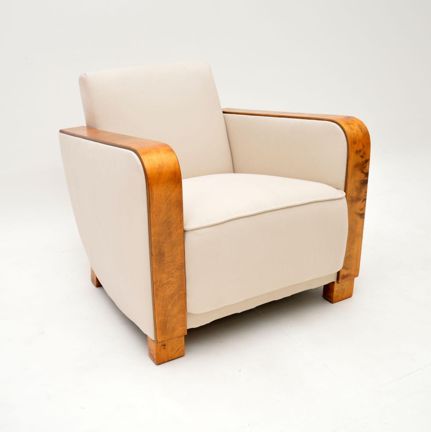 Fabric Pair of Original Art Deco Satin Birch Armchairs For Sale