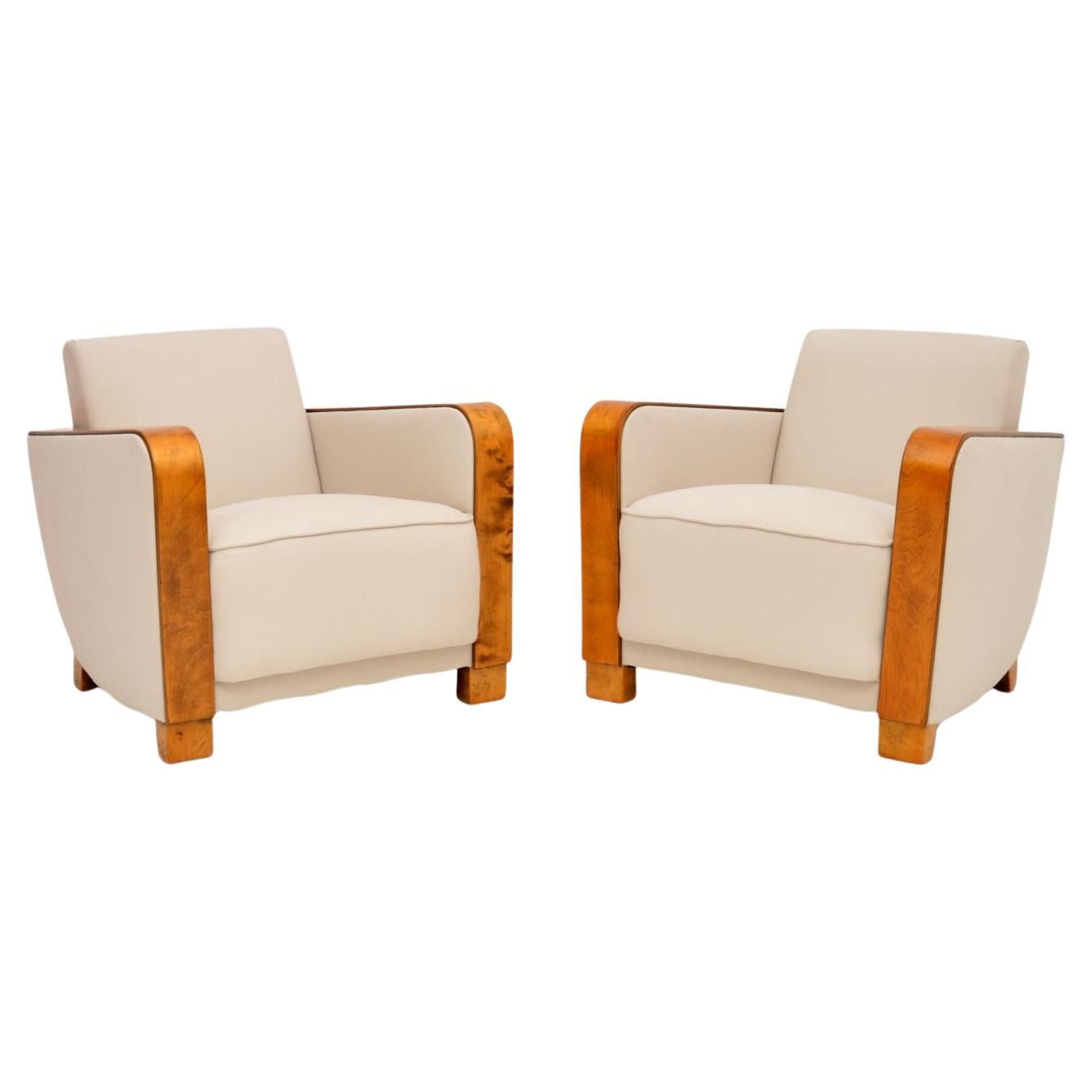 Pair of Original Art Deco Satin Birch Armchairs For Sale