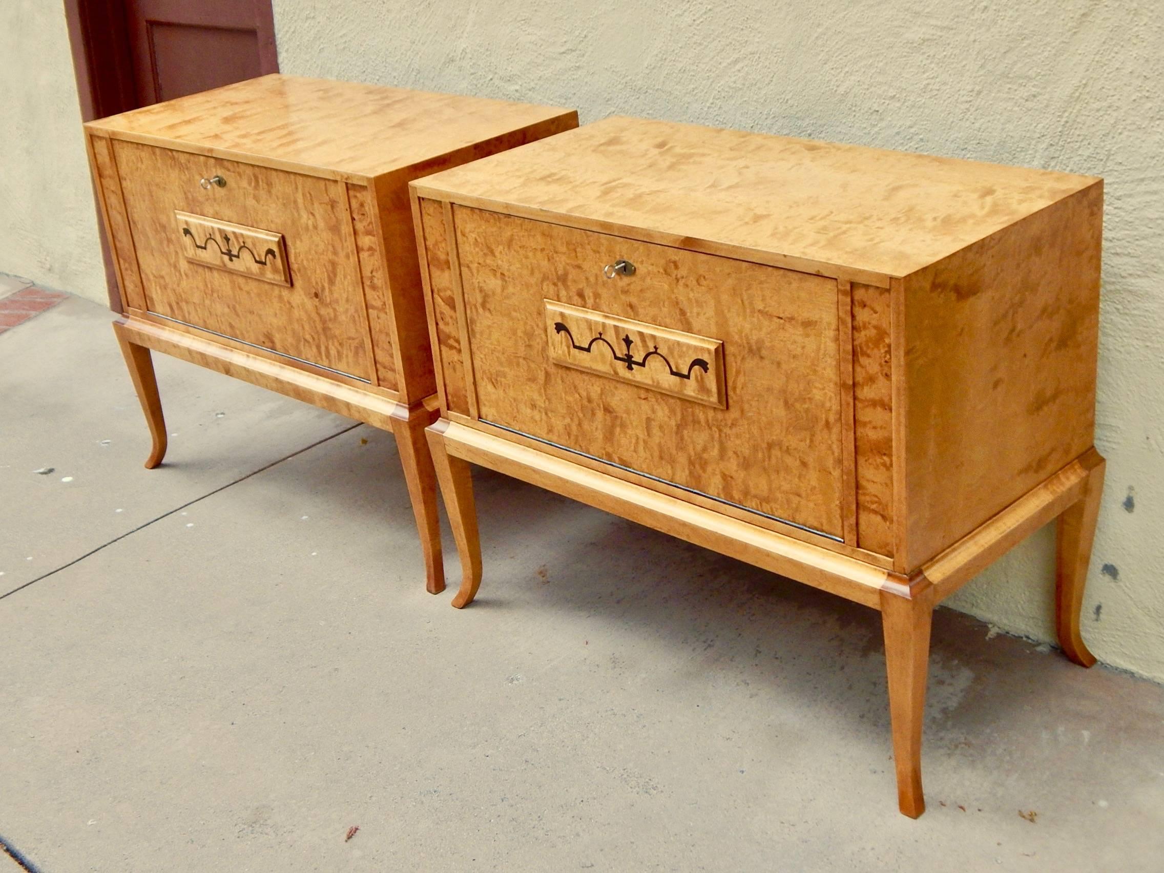 Pair of Swedish Art Deco Side Cabinets in Golden Flame Birch by ÅBY, 1920s 1