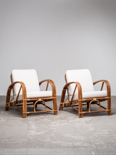 Paire de chaises longues suédoises en bambou de style Art déco, en lin belge, années 1940