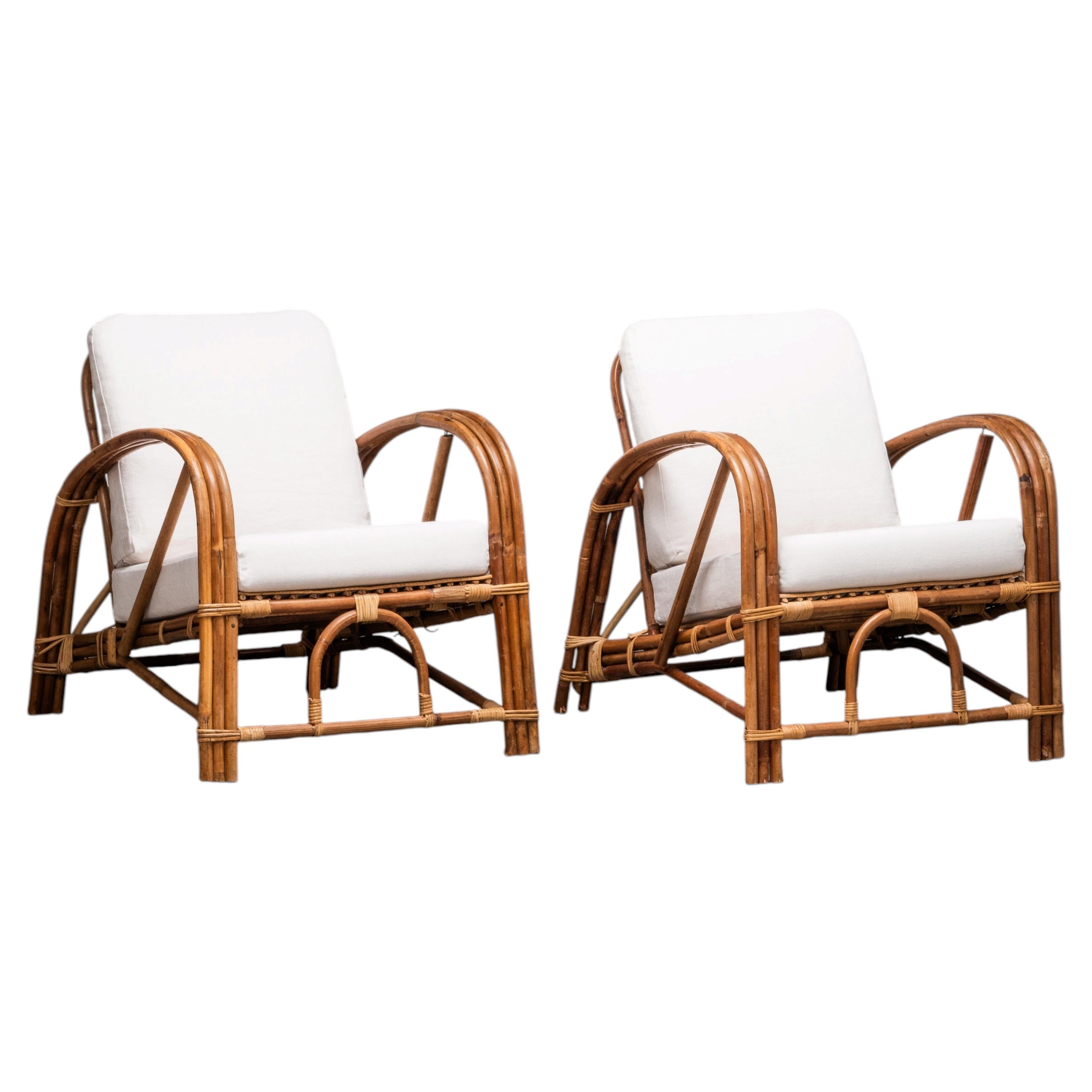 Pair of Swedish Art Deco Style Bamboo Lounge Chairs in Belgian Linen, 1940s