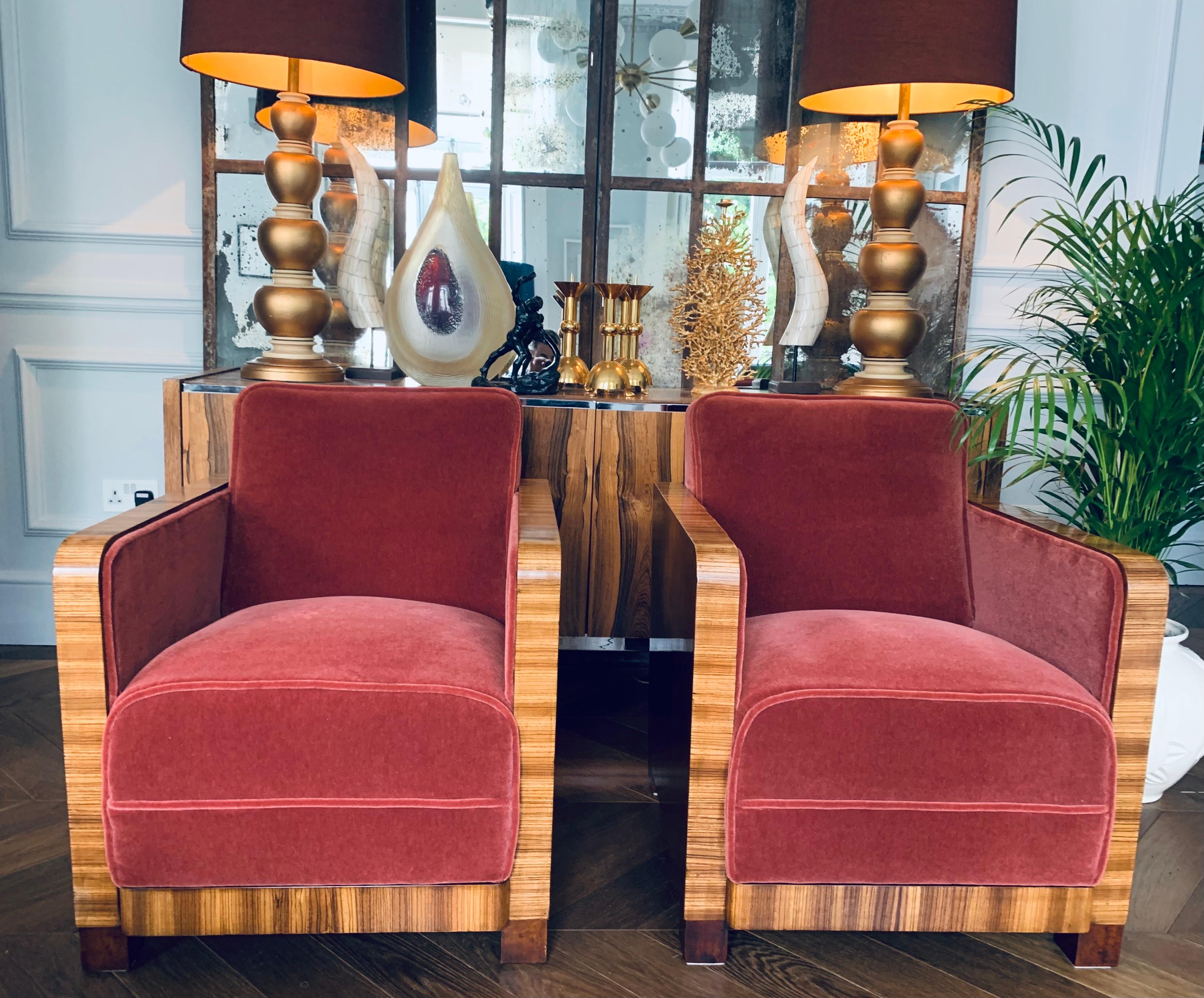 Pair of Swedish Art Deco Zebra Wood & Burr Walnut Club Mohair Velvet Armchairs  1