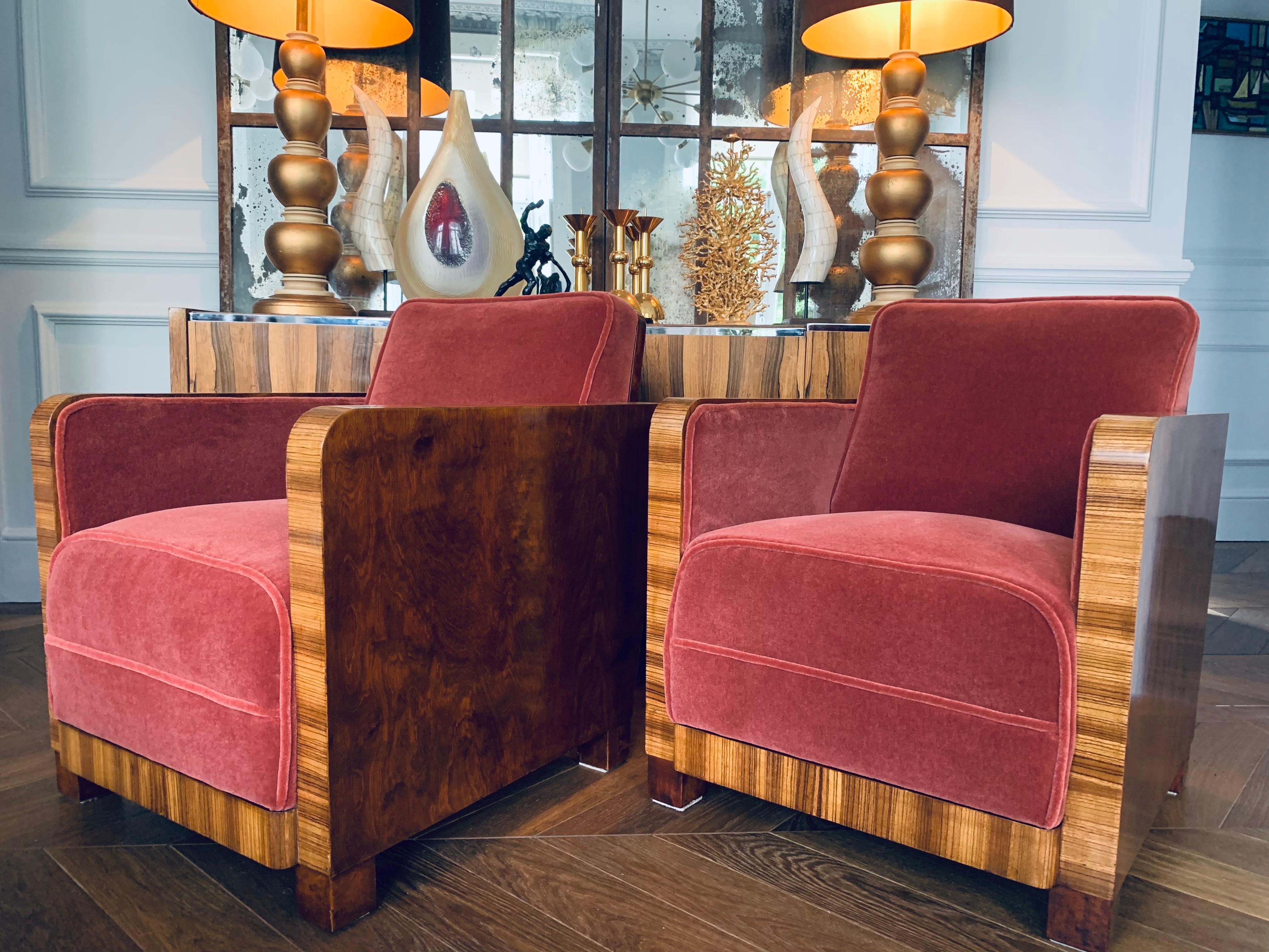 Pair of Swedish Art Deco Zebra Wood & Burr Walnut Club Mohair Velvet Armchairs  4