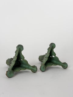 Pair of Swedish Art Nouveau Cast Iron Candlesticks with Original Green Finish.