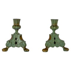 Pair of Swedish Art Nouveau Cast Iron Candlesticks with Original Green Finish.