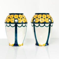 Pair of Swedish Art Nouveau Ceramic Vases with a Crown of Yellow Flowers