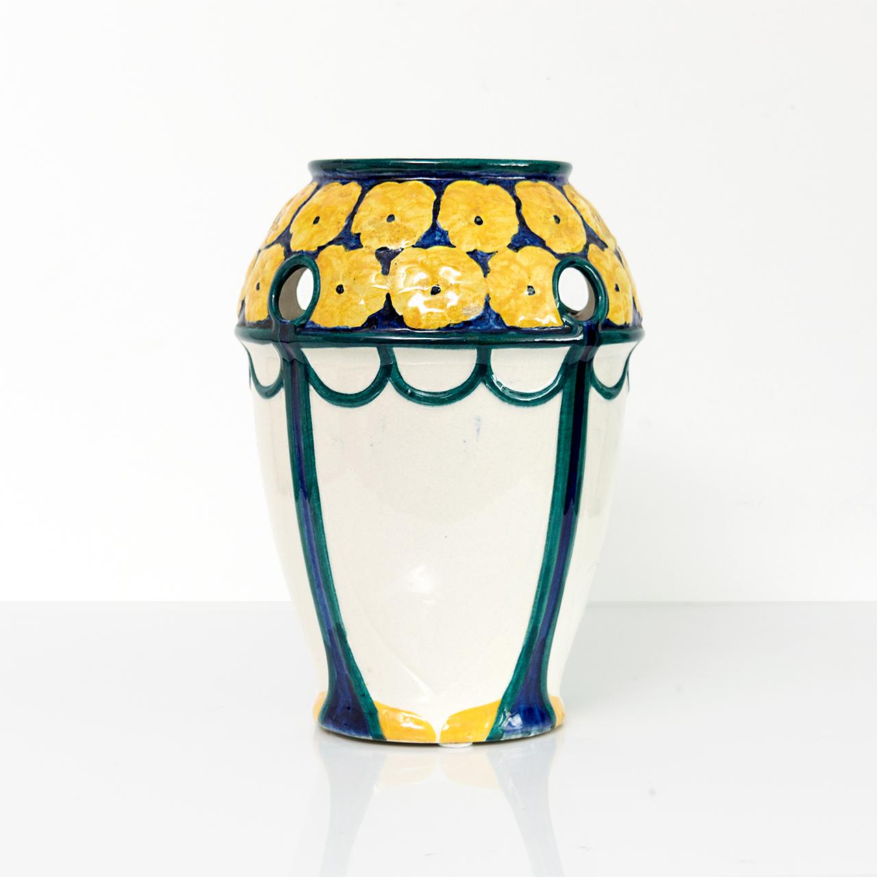 Hand-Painted Pair of Swedish Art Nouveau Ceramic Vases with a Crown of Yellow Flowers