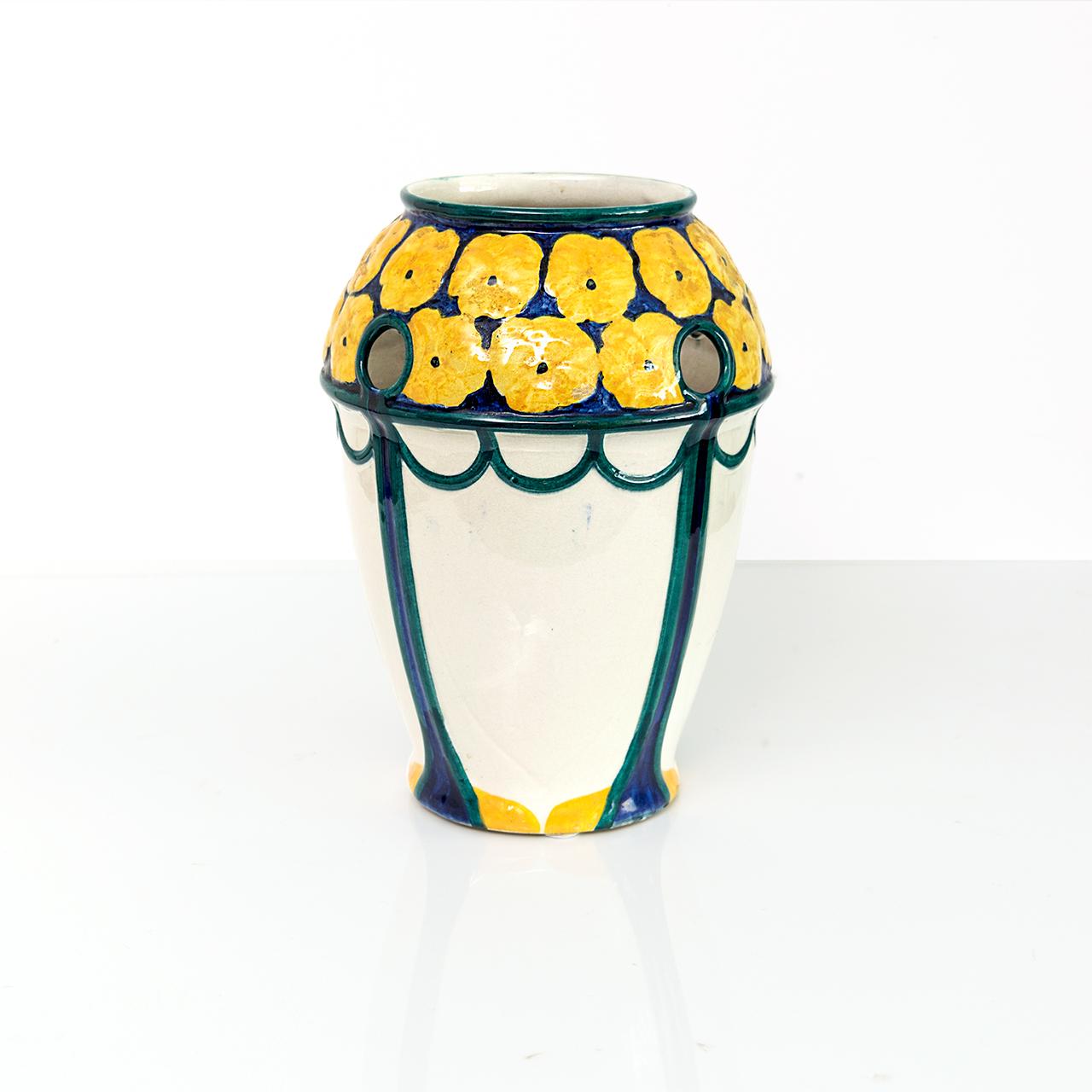 Pair of Swedish Art Nouveau Ceramic Vases with a Crown of Yellow Flowers In Good Condition In New York, NY