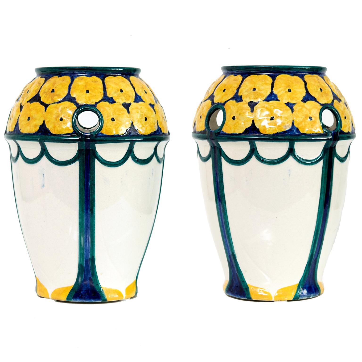 Pair of Swedish Art Nouveau Ceramic Vases with a Crown of Yellow Flowers