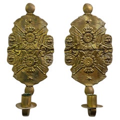 Pair of Swedish Arts & Crafts Oval Repoussé Brass Wall Candle Sconces