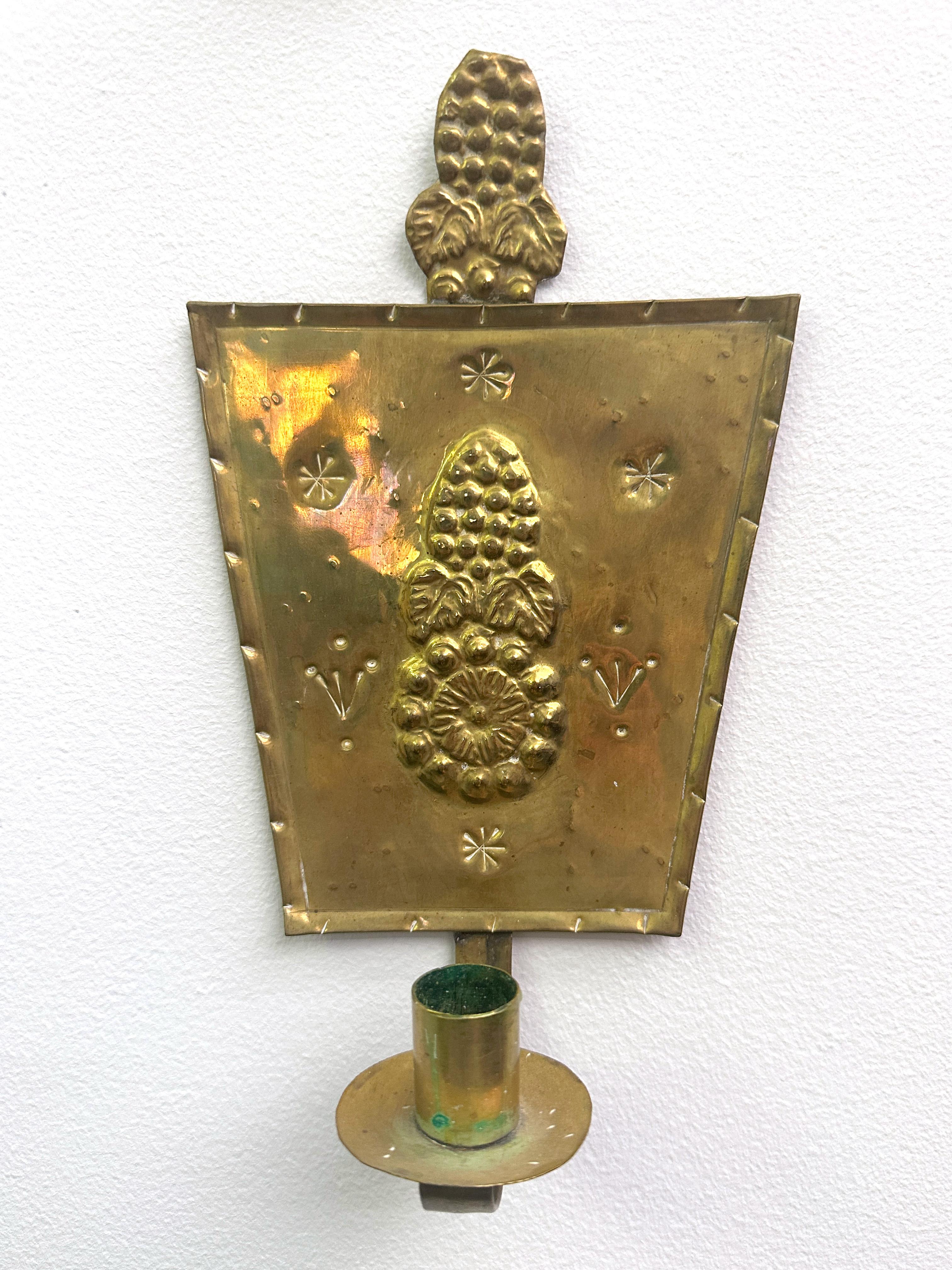 Arts and Crafts Pair of Swedish Arts & Crafts Repoussé Brass Wall Candle Sconces For Sale