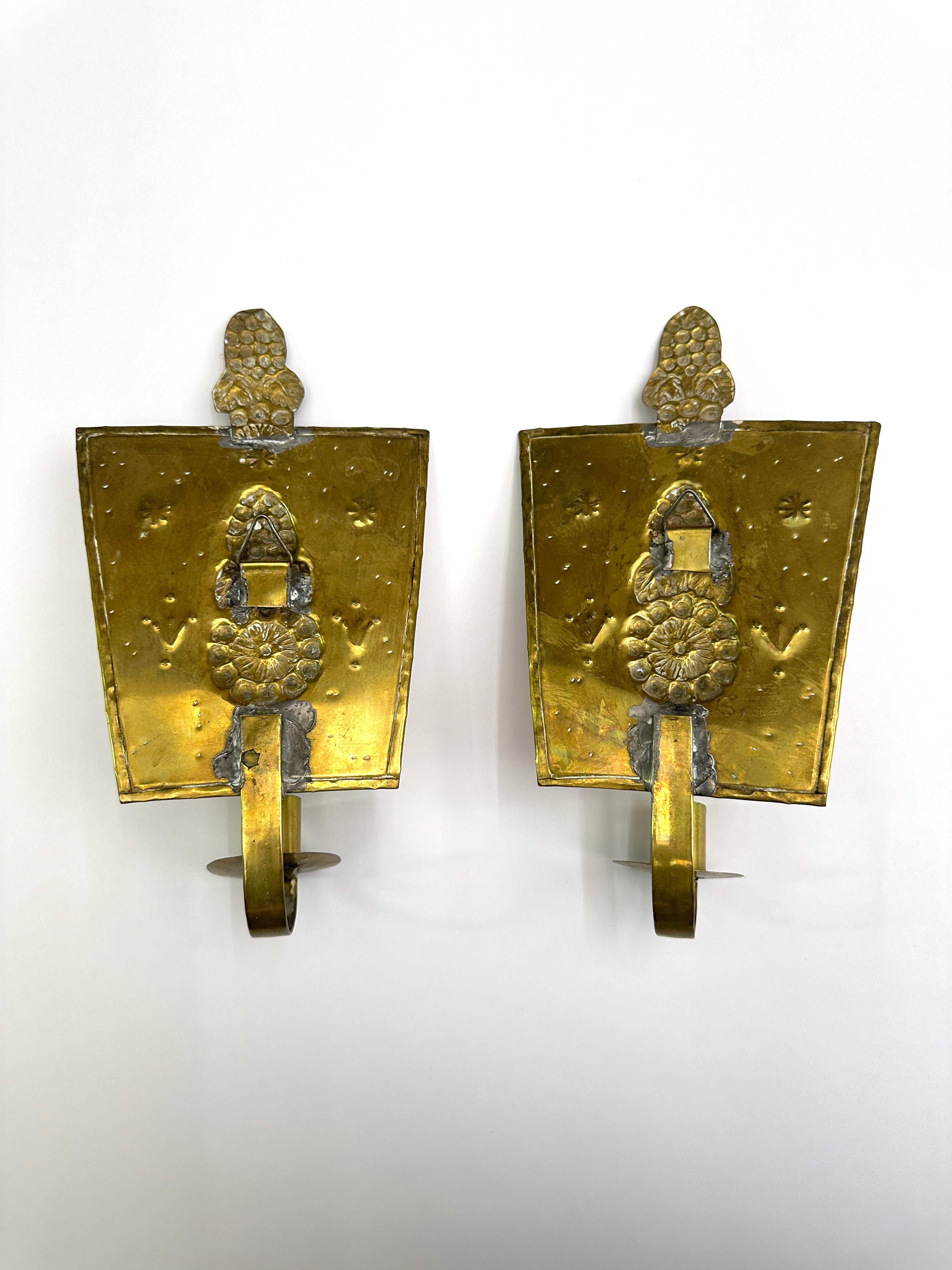Pair of Swedish Arts & Crafts Repoussé Brass Wall Candle Sconces For Sale 1