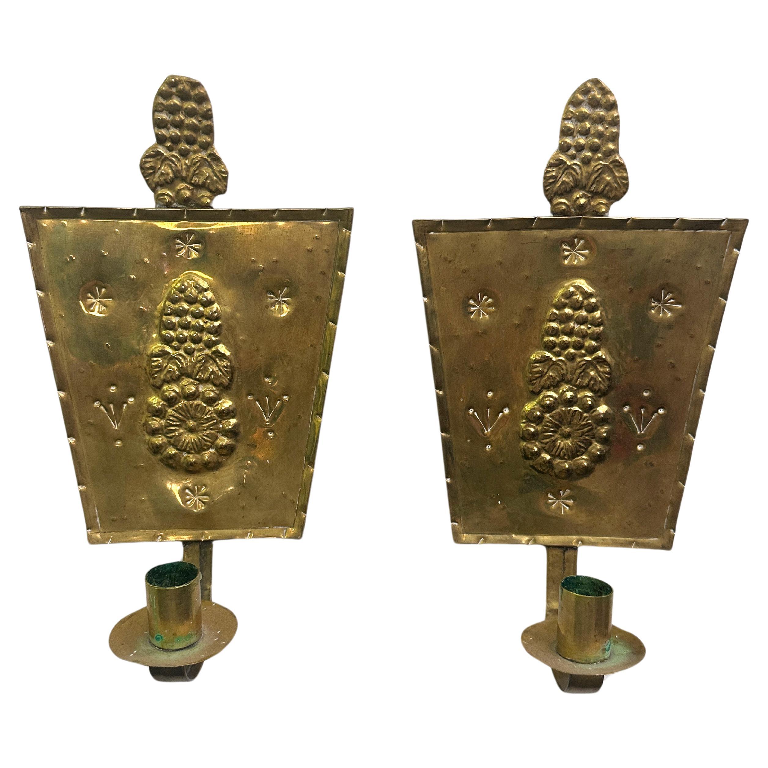 Pair of Swedish Arts & Crafts Repoussé Brass Wall Candle Sconces For Sale