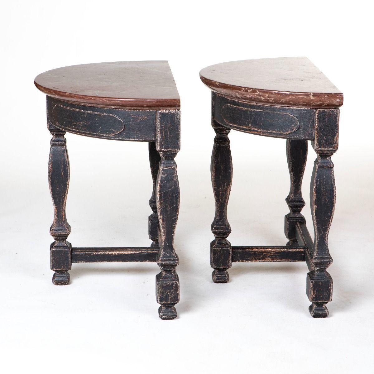 Painted Pair of Swedish Baroque Style Console Tables with Öland Stone Tops For Sale