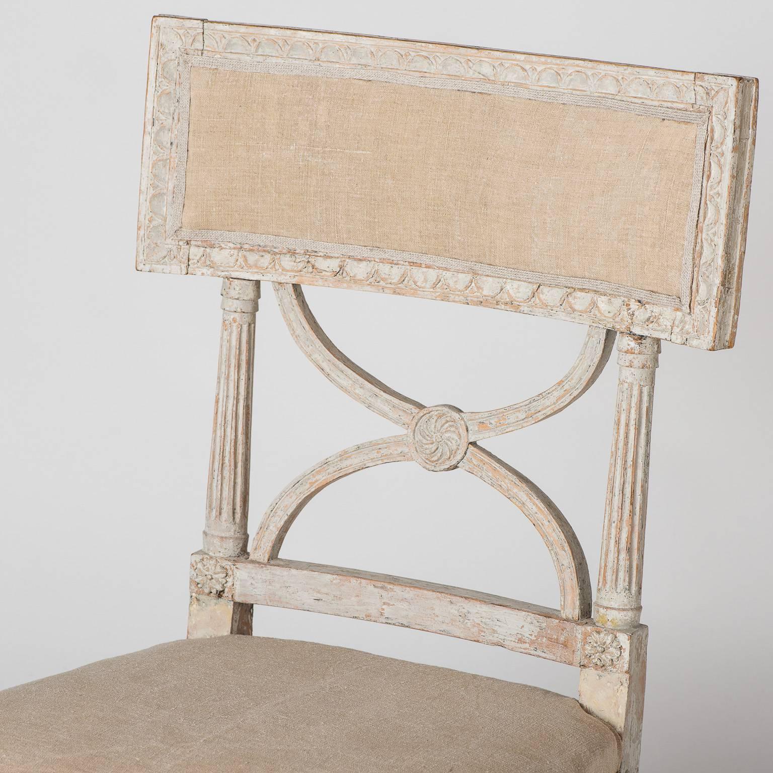 This style of chair was very popular in the late 18th early 19th century in Sweden. They were called Bellman chairs named after Carl Mikael Bellman, the very popular court musician to King Gustav III who played the lute.
These chairs were probably