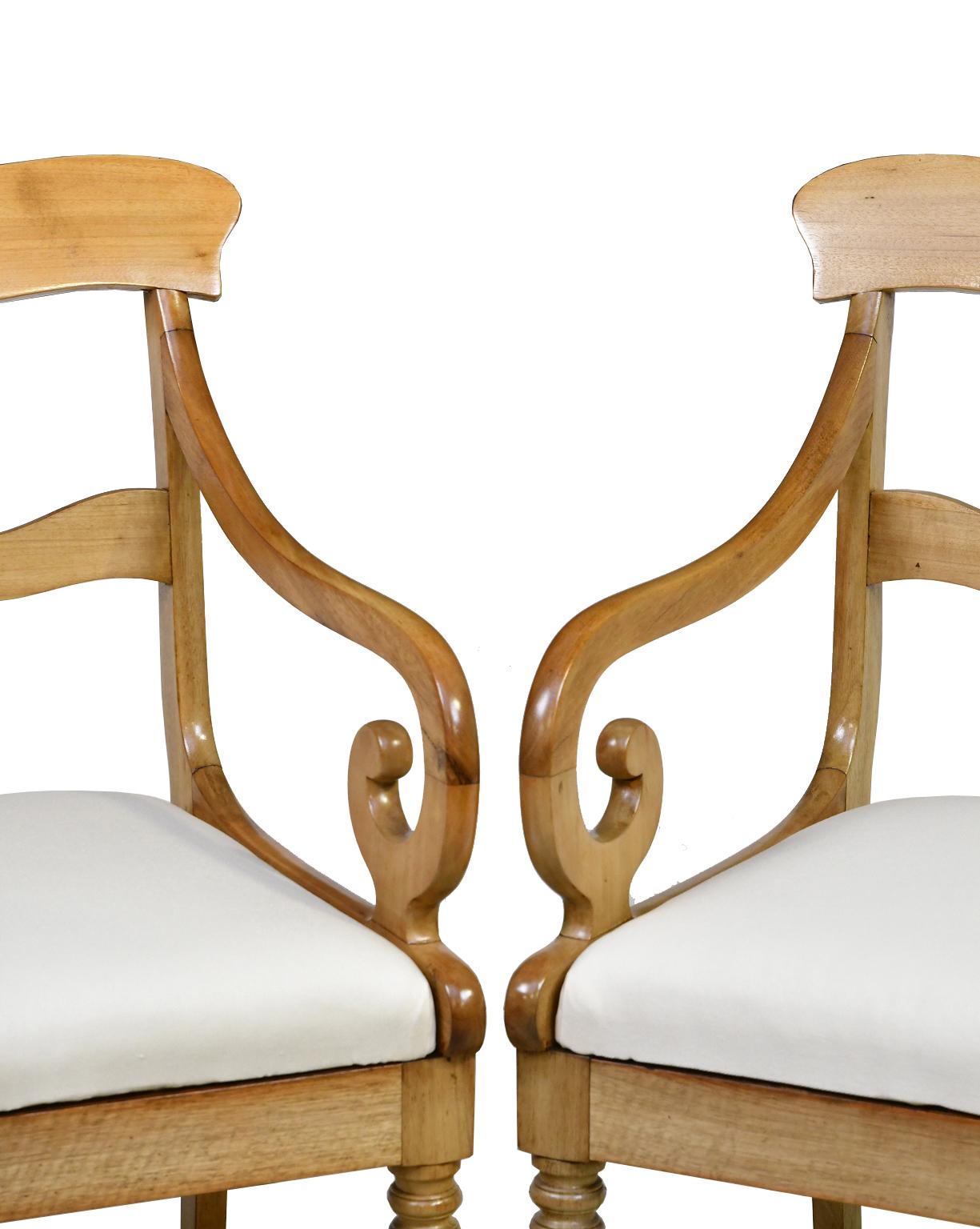 Polished Pair of Swedish Biedermeier/Karl Johan Armchairs in Walnut w/ Upholstered Seats