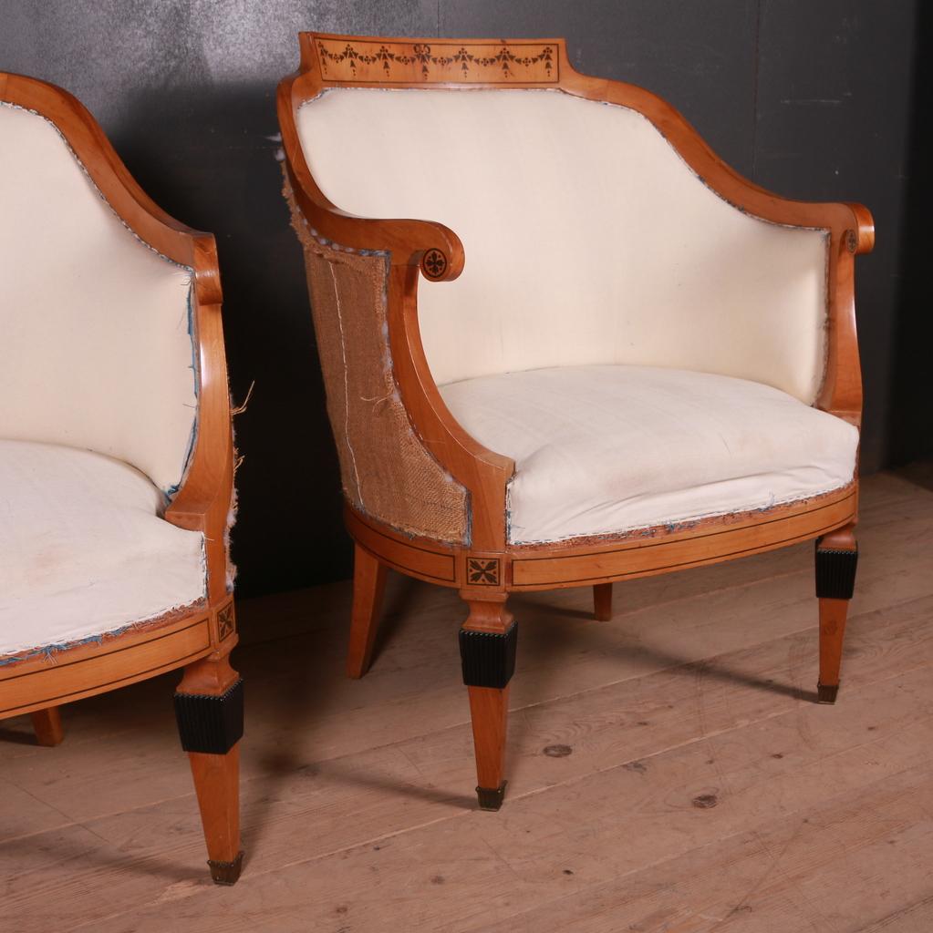 Good quality pair of mid 20th C Swedish Biedermeier chairs ready to be upholstered.

Dimensions
29 inches (74 cms) wide
28.5 inches (72 cms) deep
31.5 inches (80 cms) high.