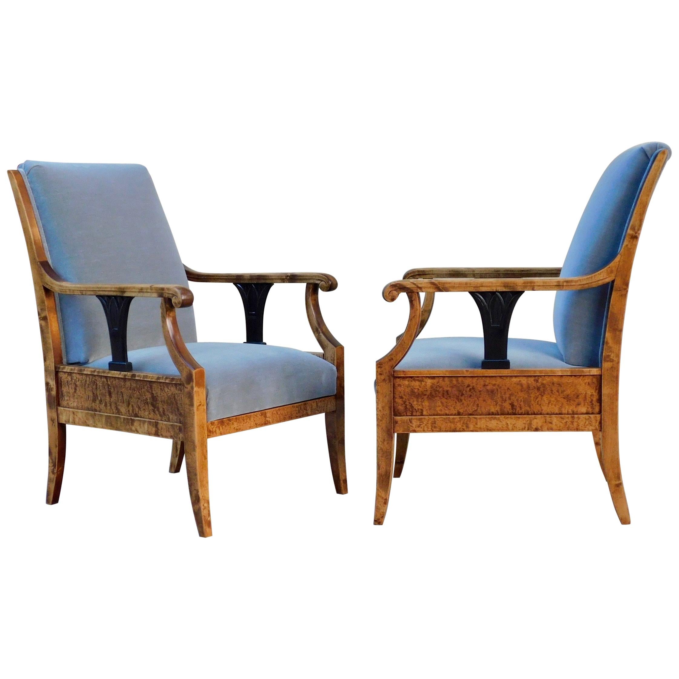 Pair of Swedish Biedermeier Revival Armchairs in Golden Flame Birch, circa 1920 For Sale