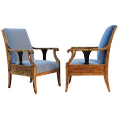 Antique Pair of Swedish Biedermeier Revival Armchairs in Golden Flame Birch, circa 1920