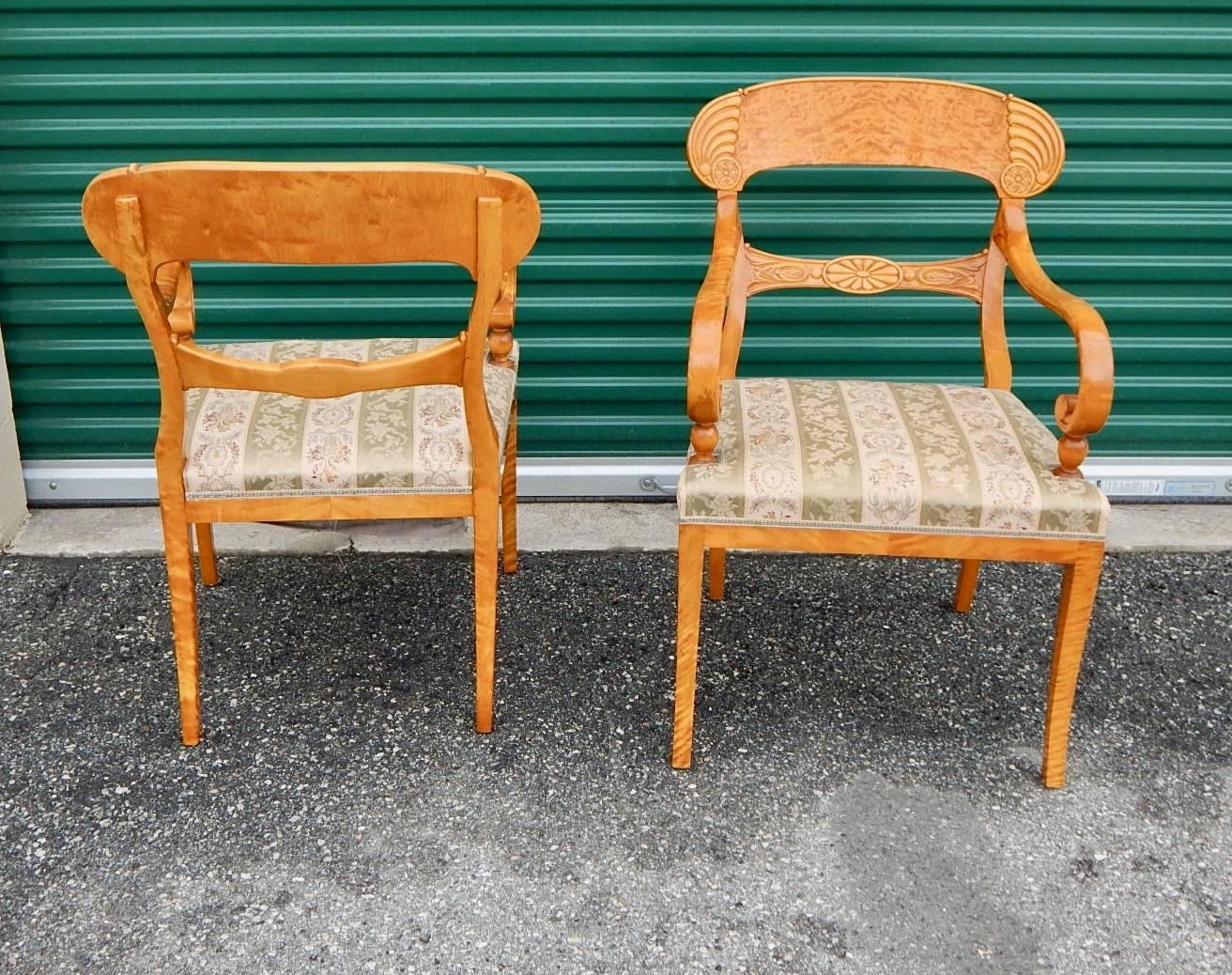 Early 20th Century Pair of Swedish Biedermeier Revival Captains Chairs in Golden Flame Birch 1920s