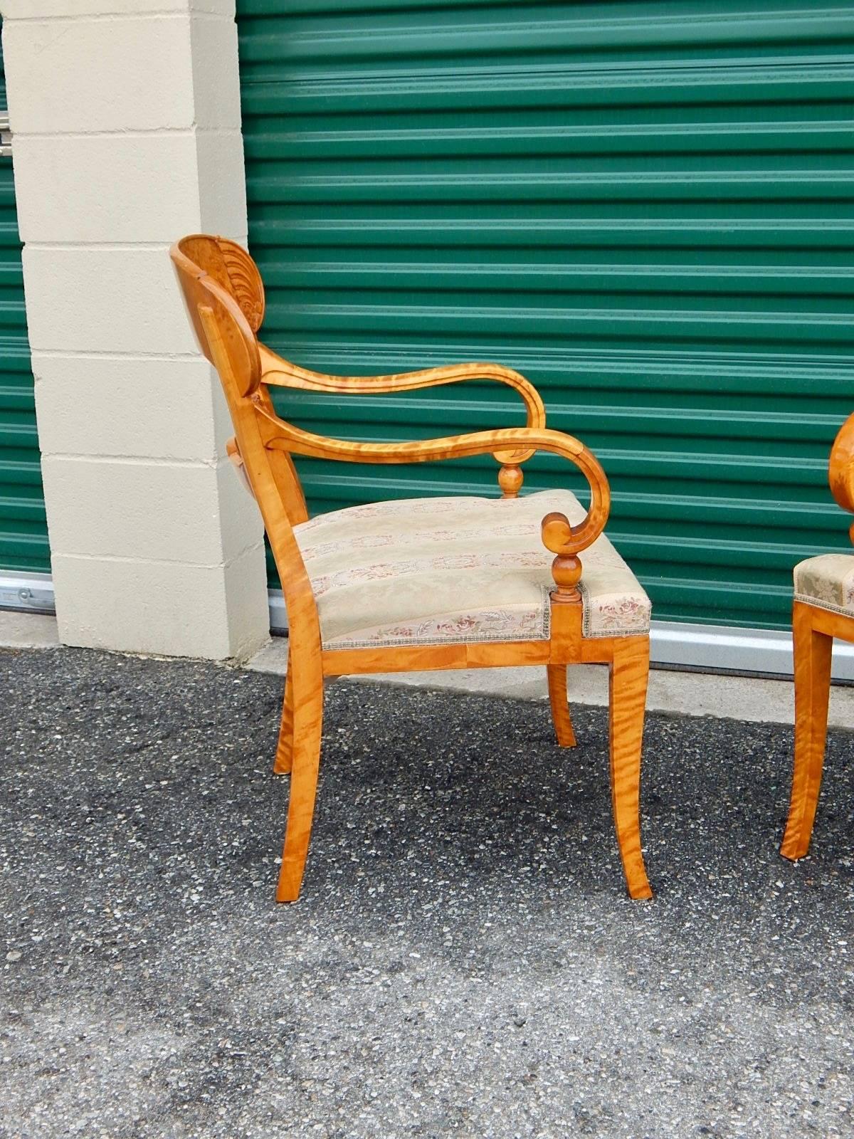 Pair of Swedish Biedermeier Revival Captains Chairs in Golden Flame Birch 1920s 2