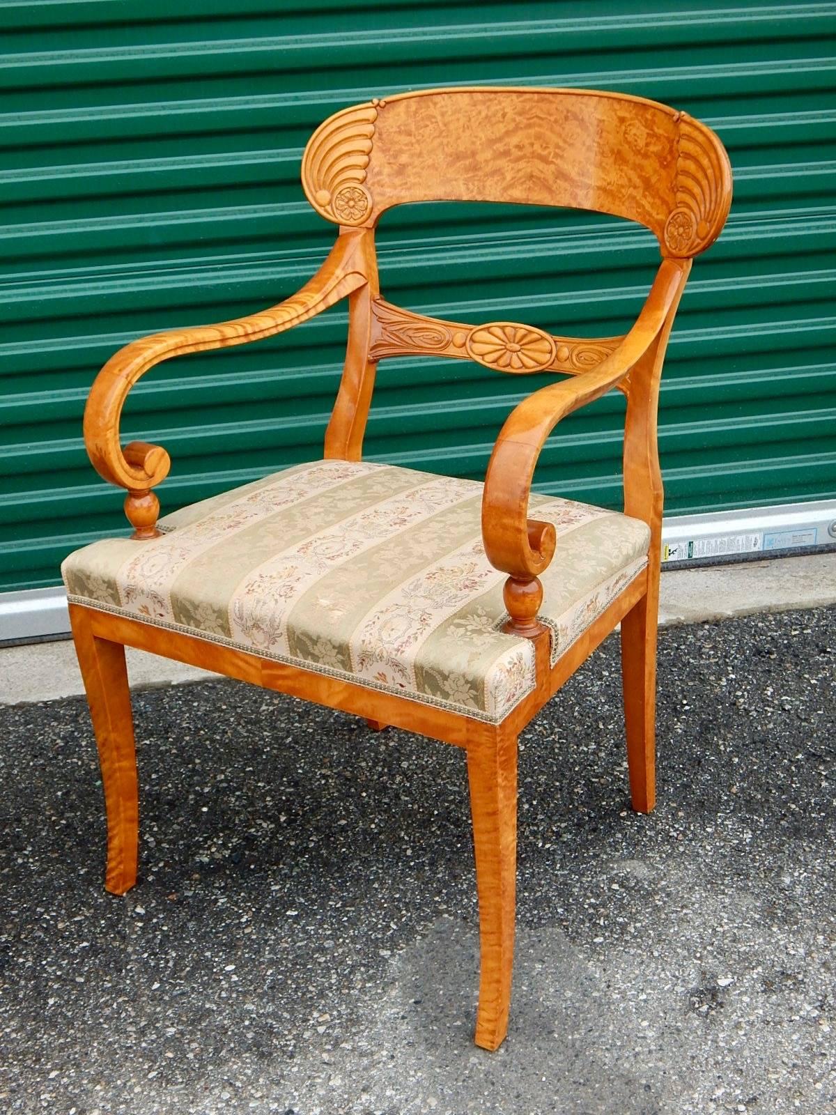 Pair of Swedish Biedermeier Revival Captains Chairs in Golden Flame Birch 1920s 3