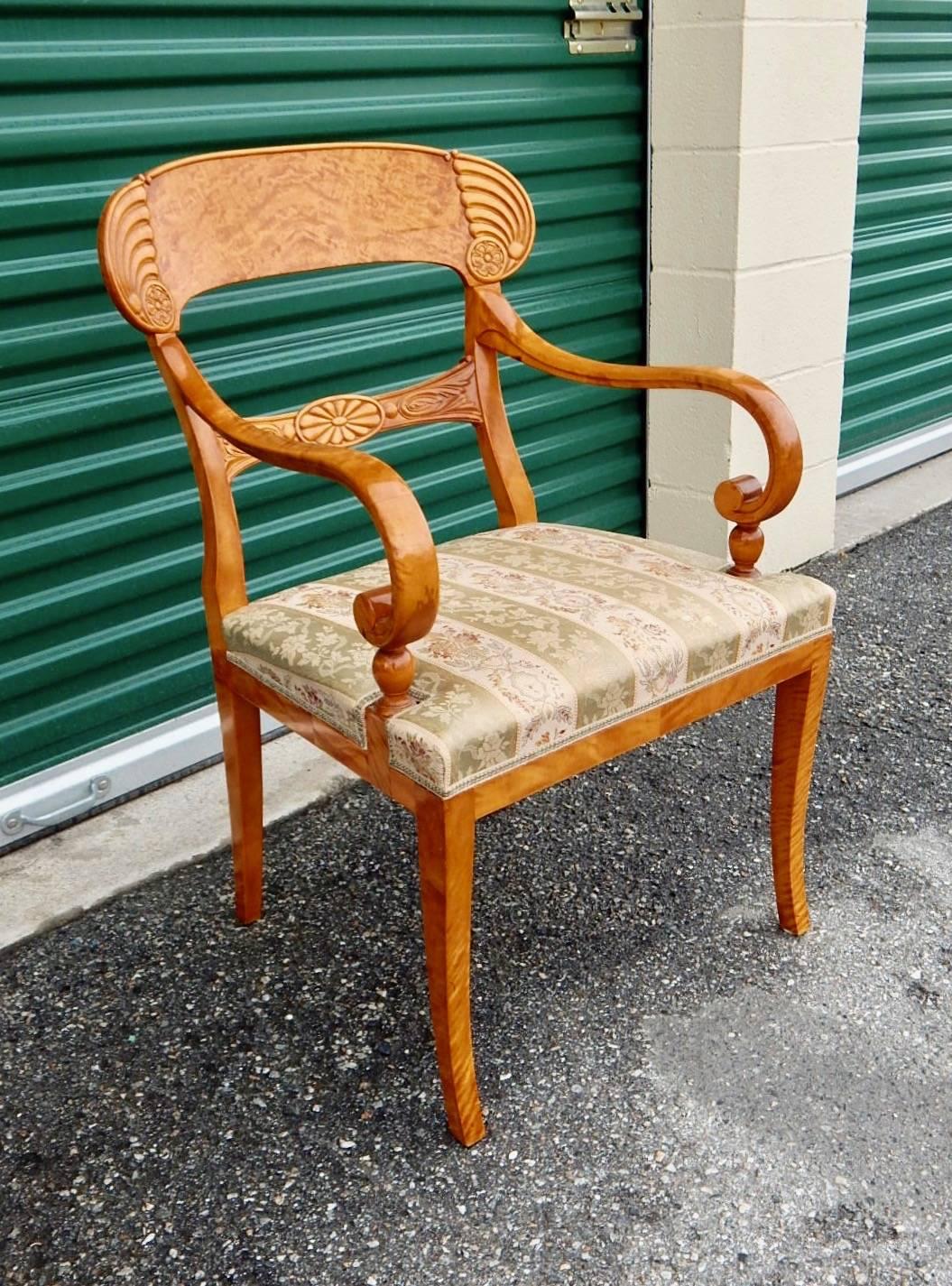 Pair of Swedish Biedermeier Revival Captains Chairs in Golden Flame Birch 1920s 4