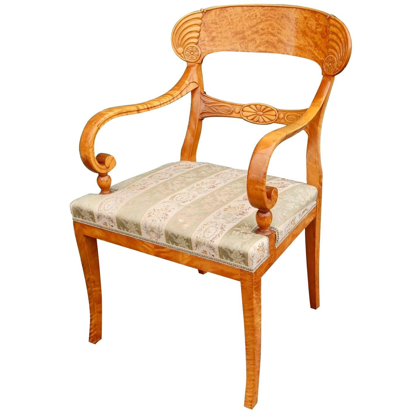 Pair of Swedish Biedermeier Revival Captains Chairs in Golden Flame Birch 1920s