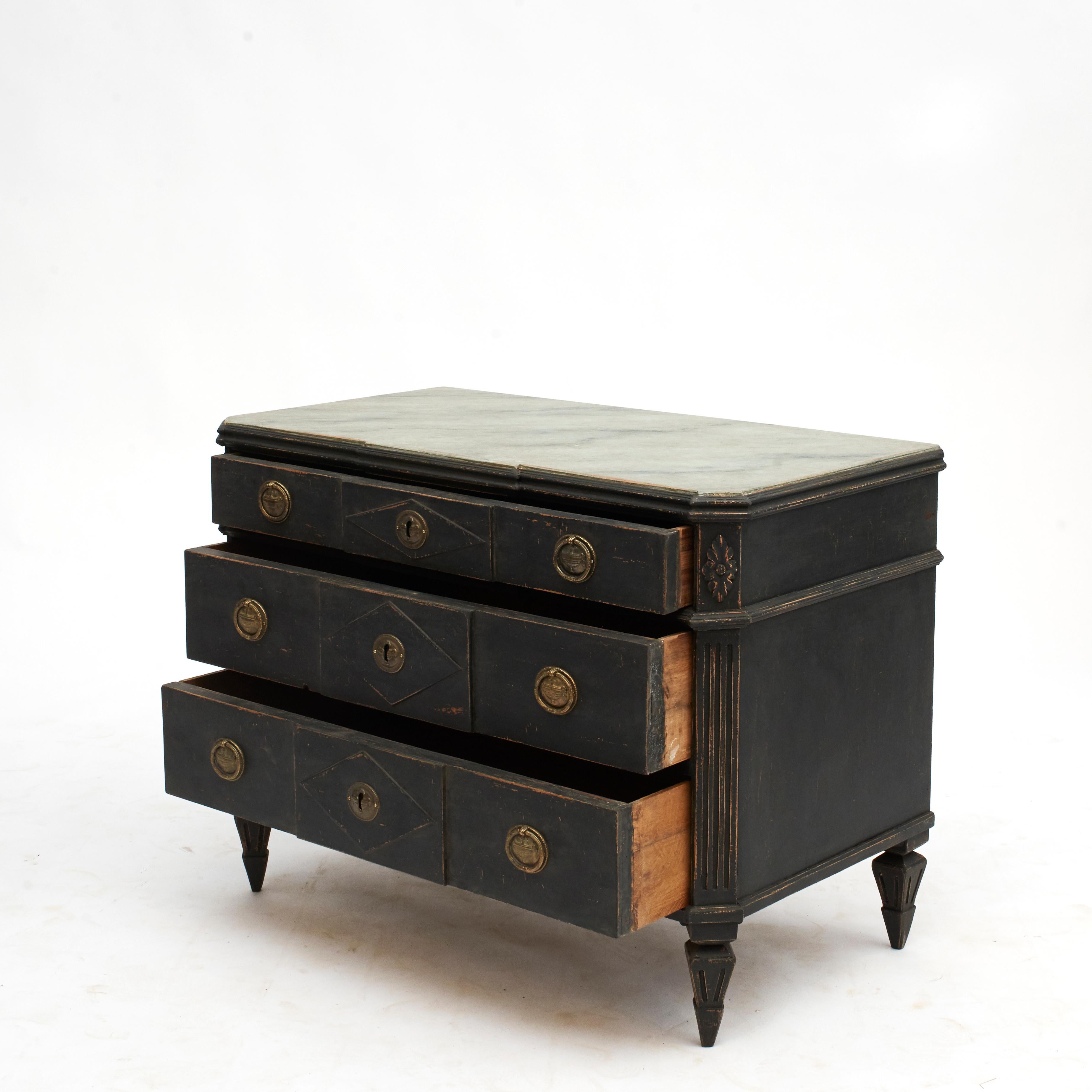 19th Century Pair of Swedish Black Gustavian Style Breakfront Chests of Drawers