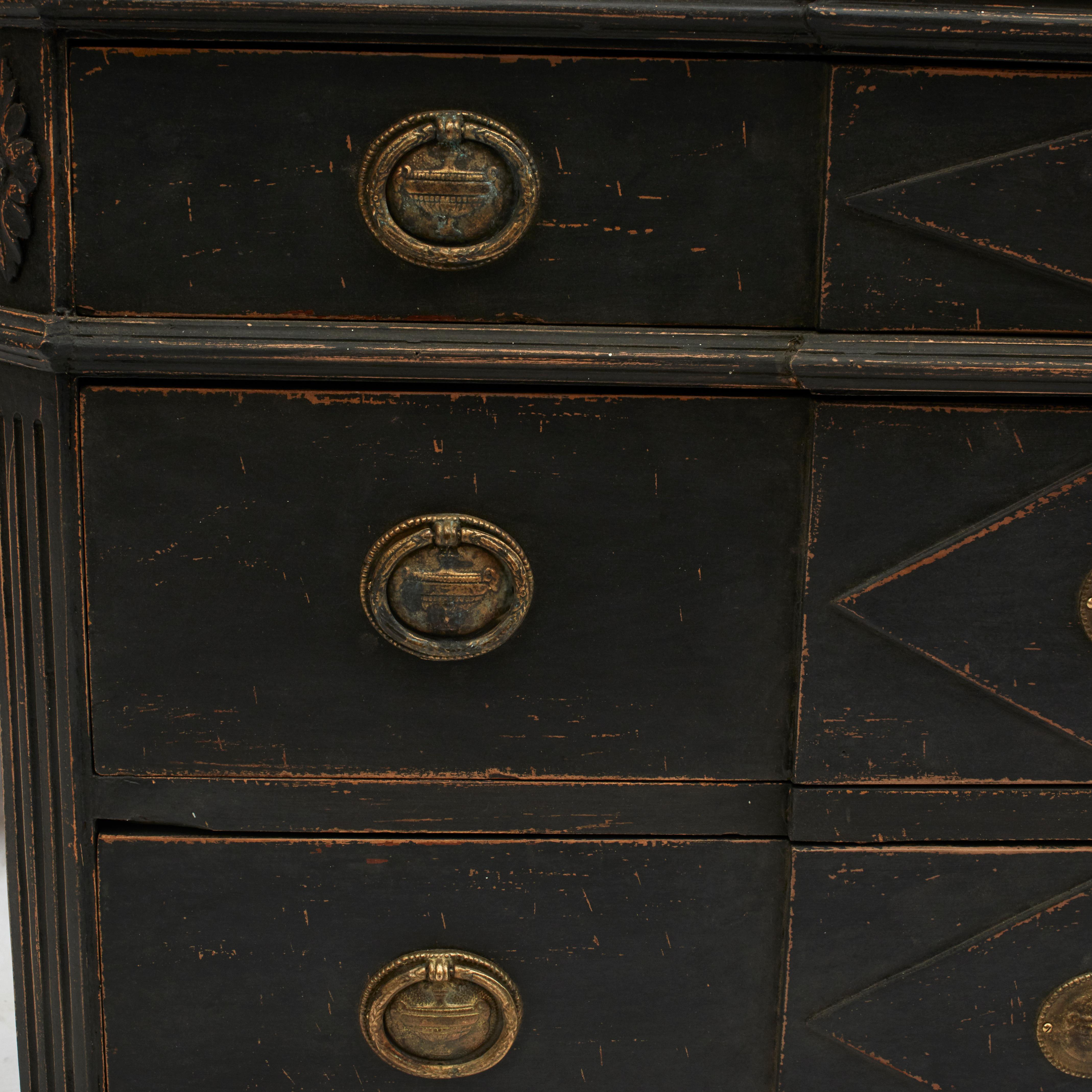 Brass Pair of Swedish Black Gustavian Style Breakfront Chests of Drawers