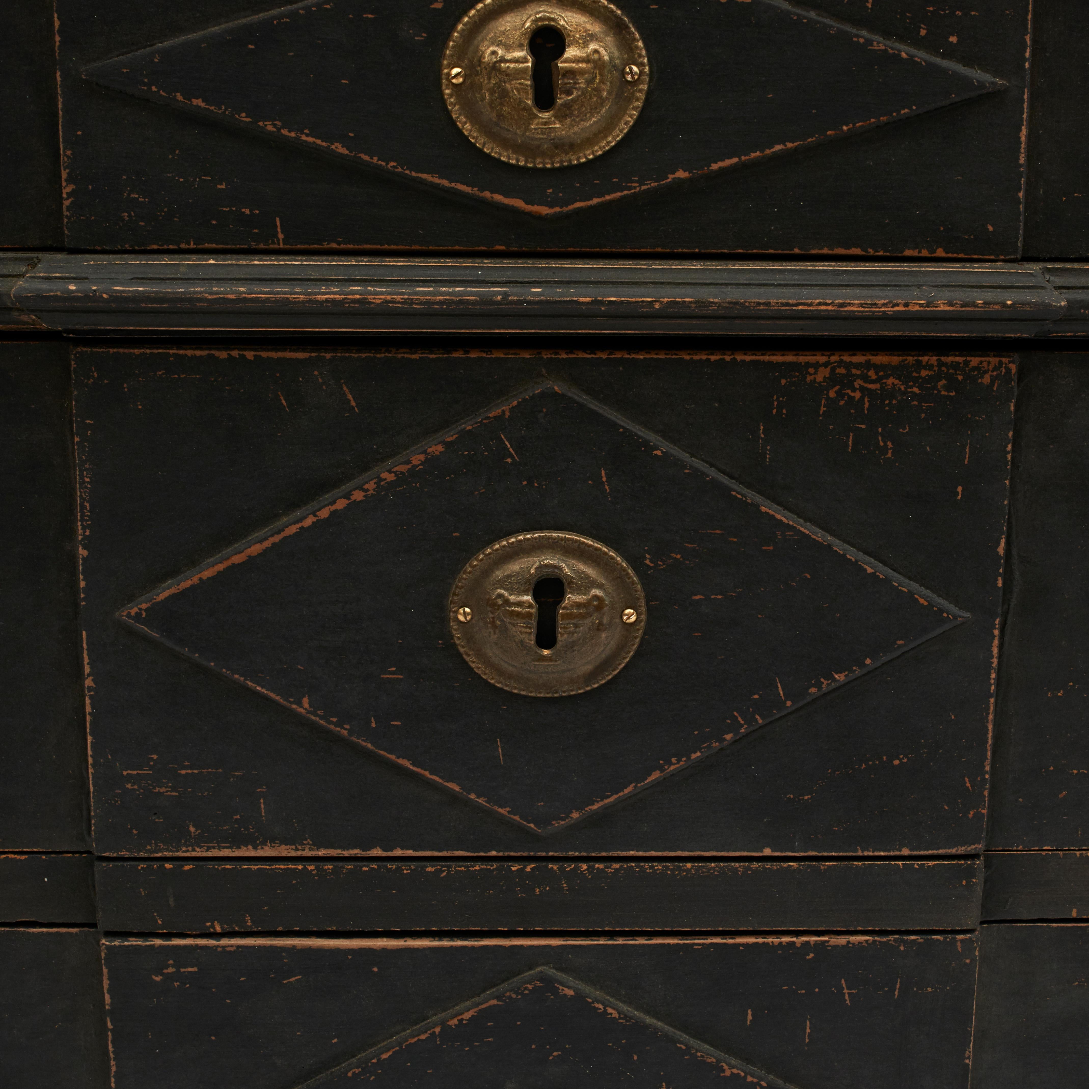 Pair of Swedish Black Gustavian Style Breakfront Chests of Drawers 1