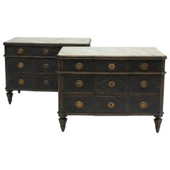 Pair of Swedish Black Gustavian Style Breakfront Chests of Drawers