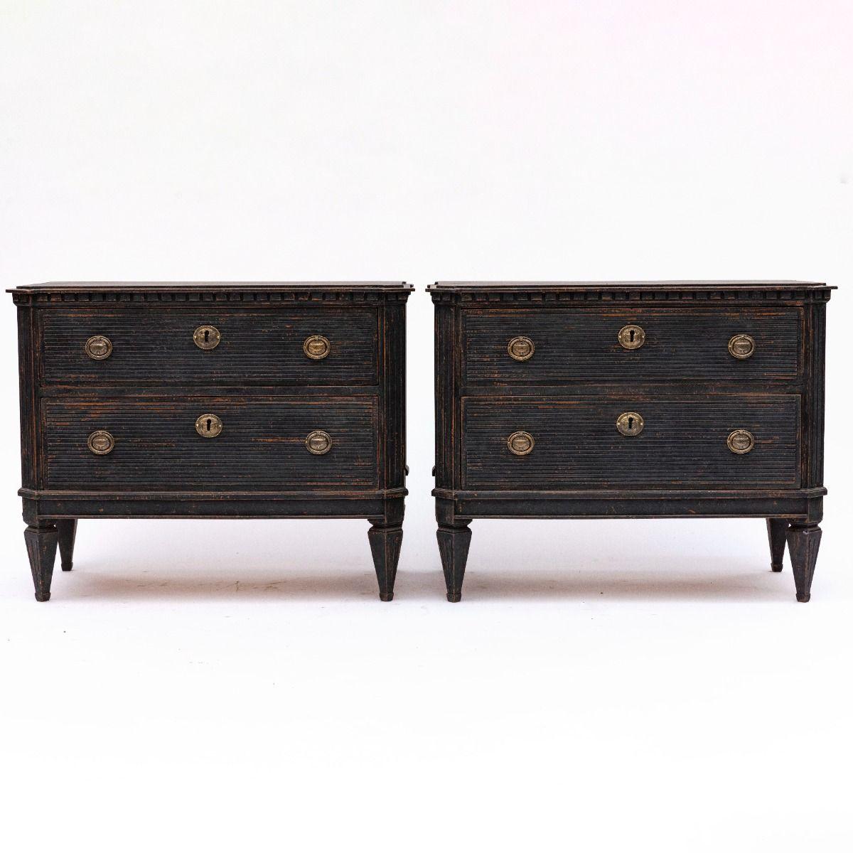 Pair of Swedish Black Painted Gustavian Style Chest of Drawers 1