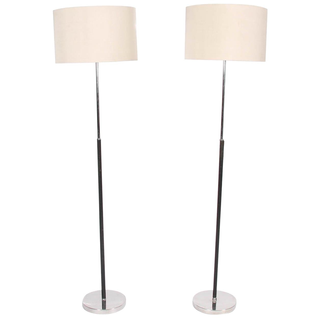 Pair of Swedish Black Stitched Leather and Chrome Floor Lamps For Sale