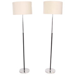 Pair of Swedish Black Stitched Leather and Chrome Floor Lamps