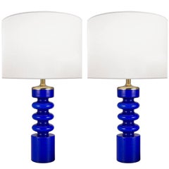 Pair of Swedish Blue Glass Lamps