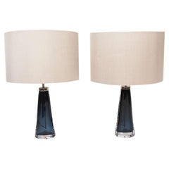 Pair of Swedish Blue Orrefors Glass Lamps