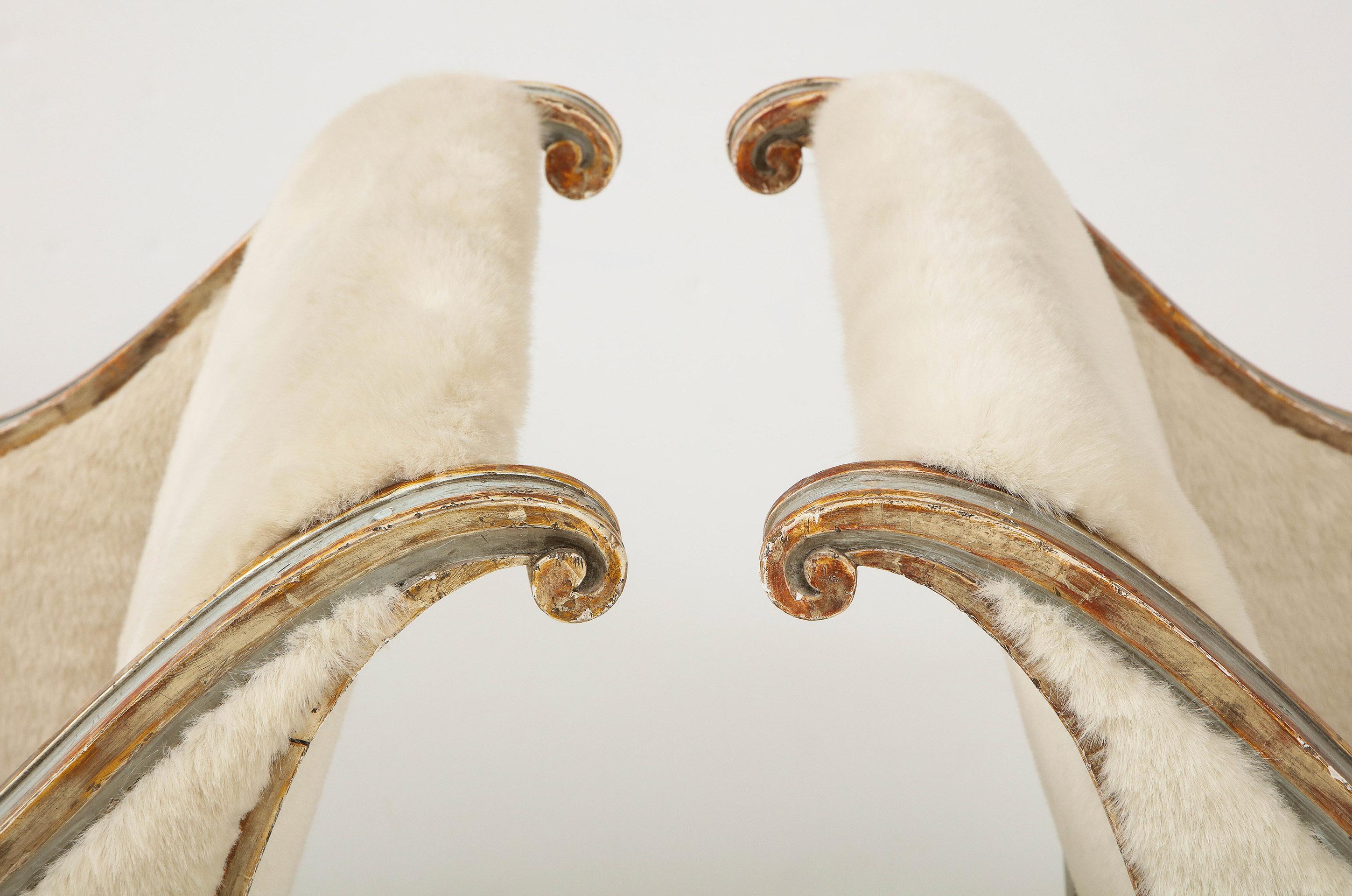 Upholstery Pair of Swedish Blue Painted and Silver Gilt Armchairs
