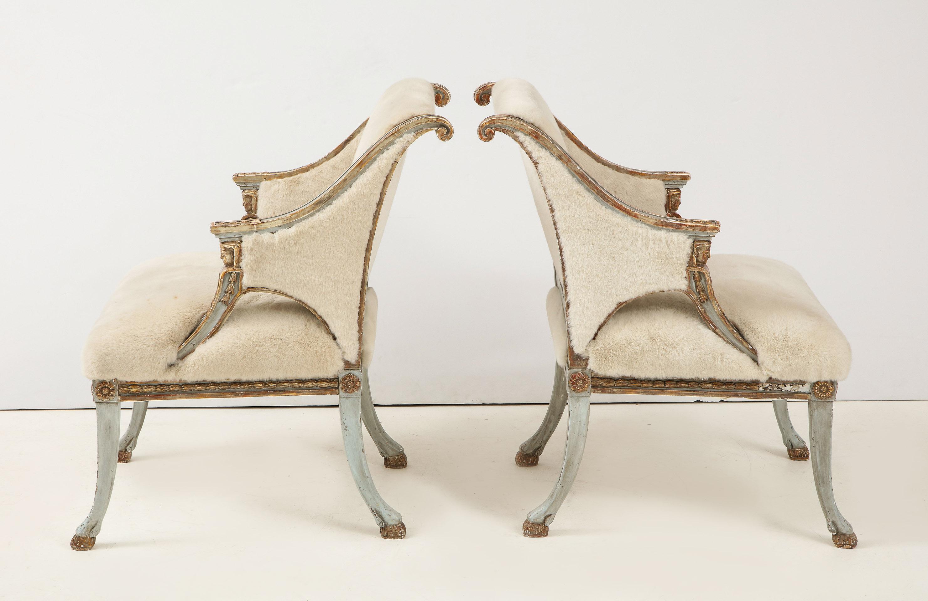Neoclassical Pair of Swedish Blue Painted and Silver Gilt Armchairs