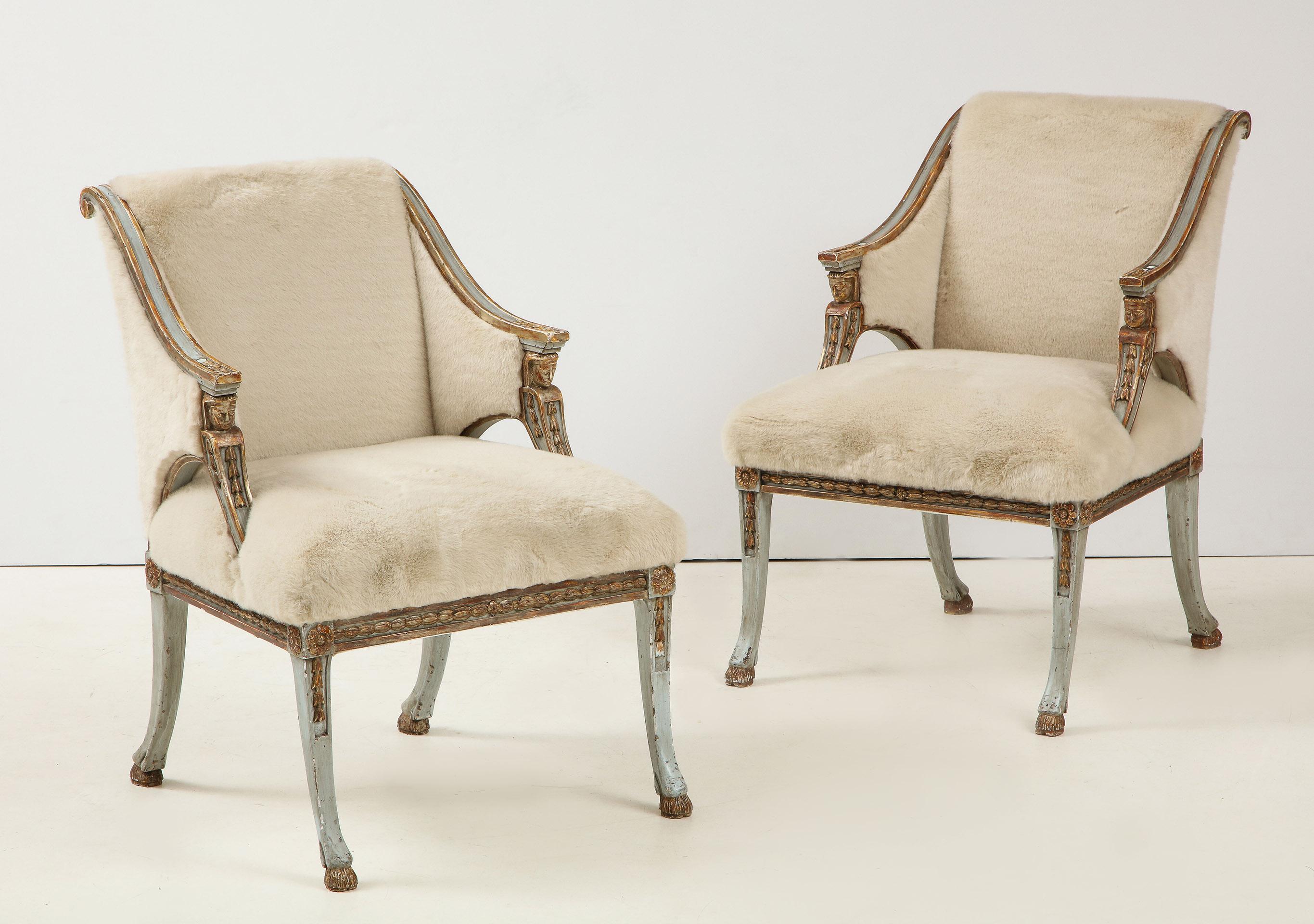 18th Century Pair of Swedish Blue Painted and Silver Gilt Armchairs