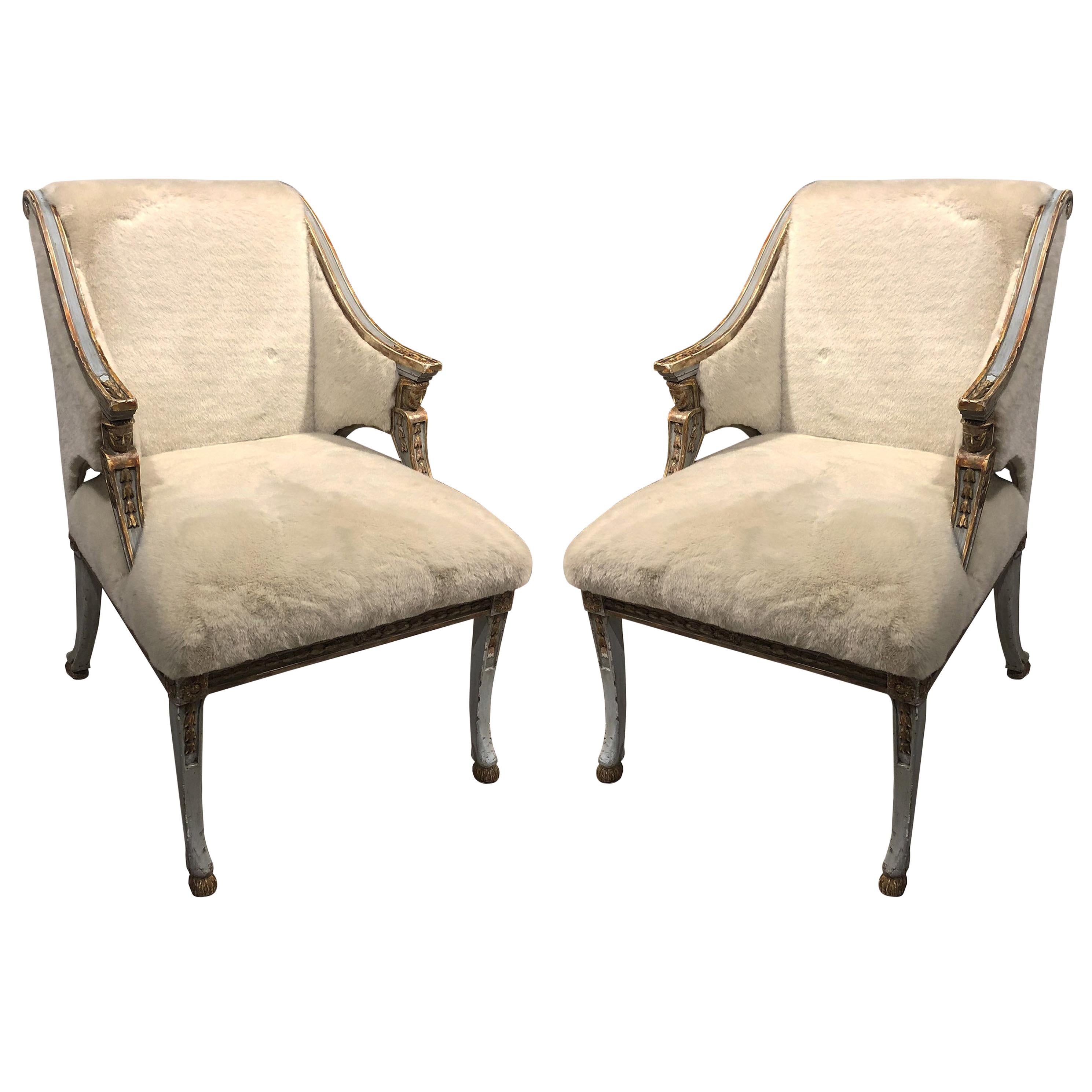 Pair of Swedish Blue Painted and Silver Gilt Armchairs