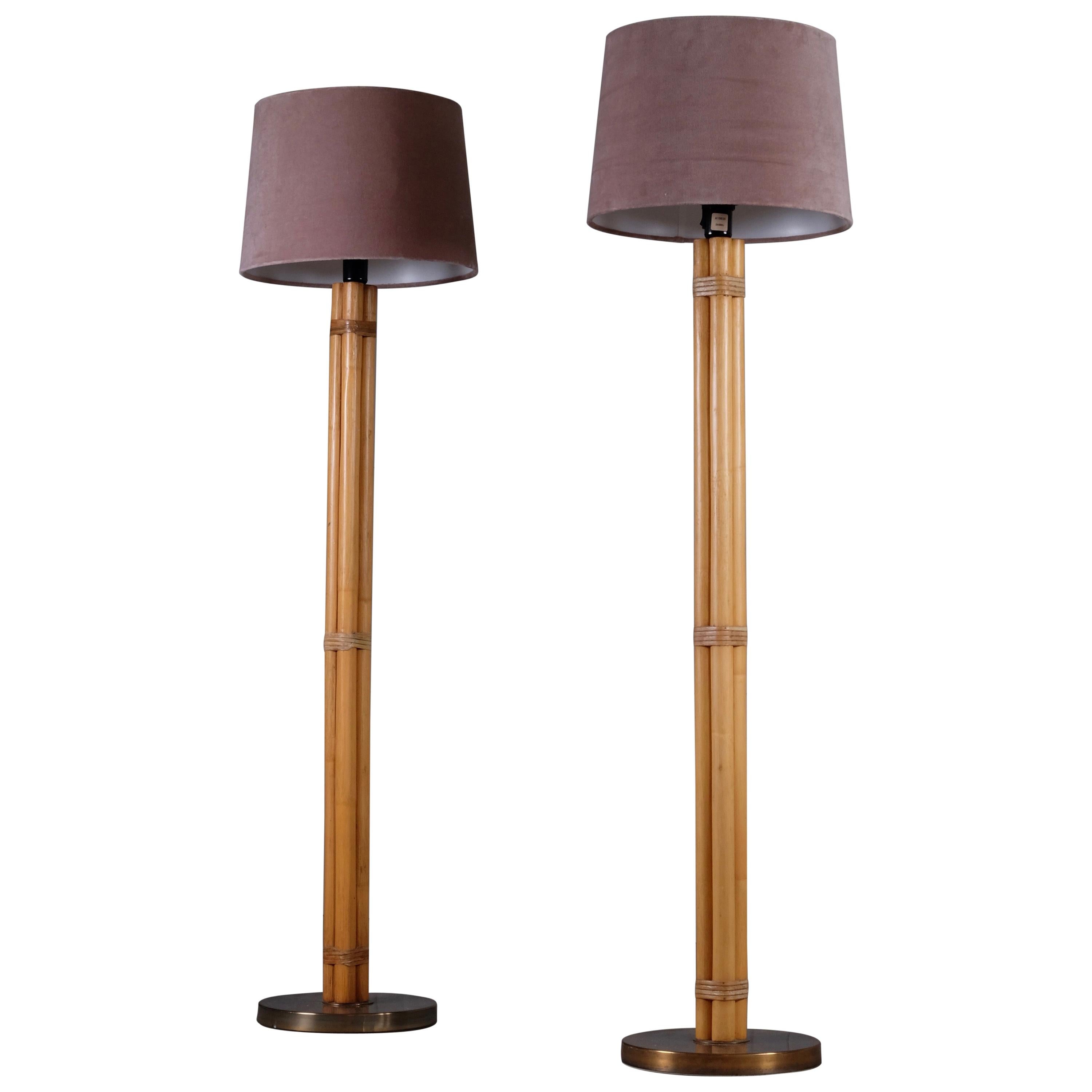 Pair of Swedish Brass and Bamboo Floor Lamps by Bergboms, 1970s For Sale