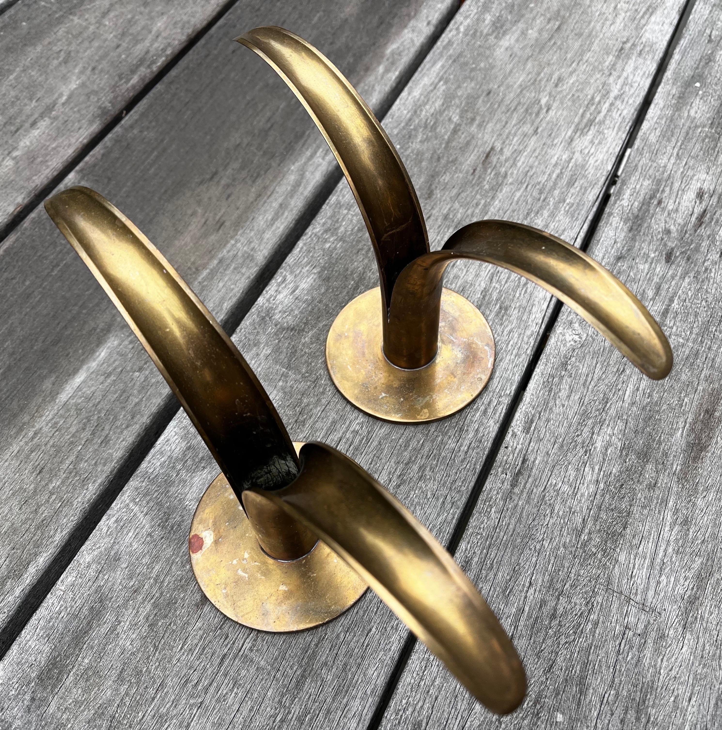 Scandinavian Modern Pair of Swedish Brass Candleholders by Ivar Alenius Bjork for Ystad Metal.  For Sale