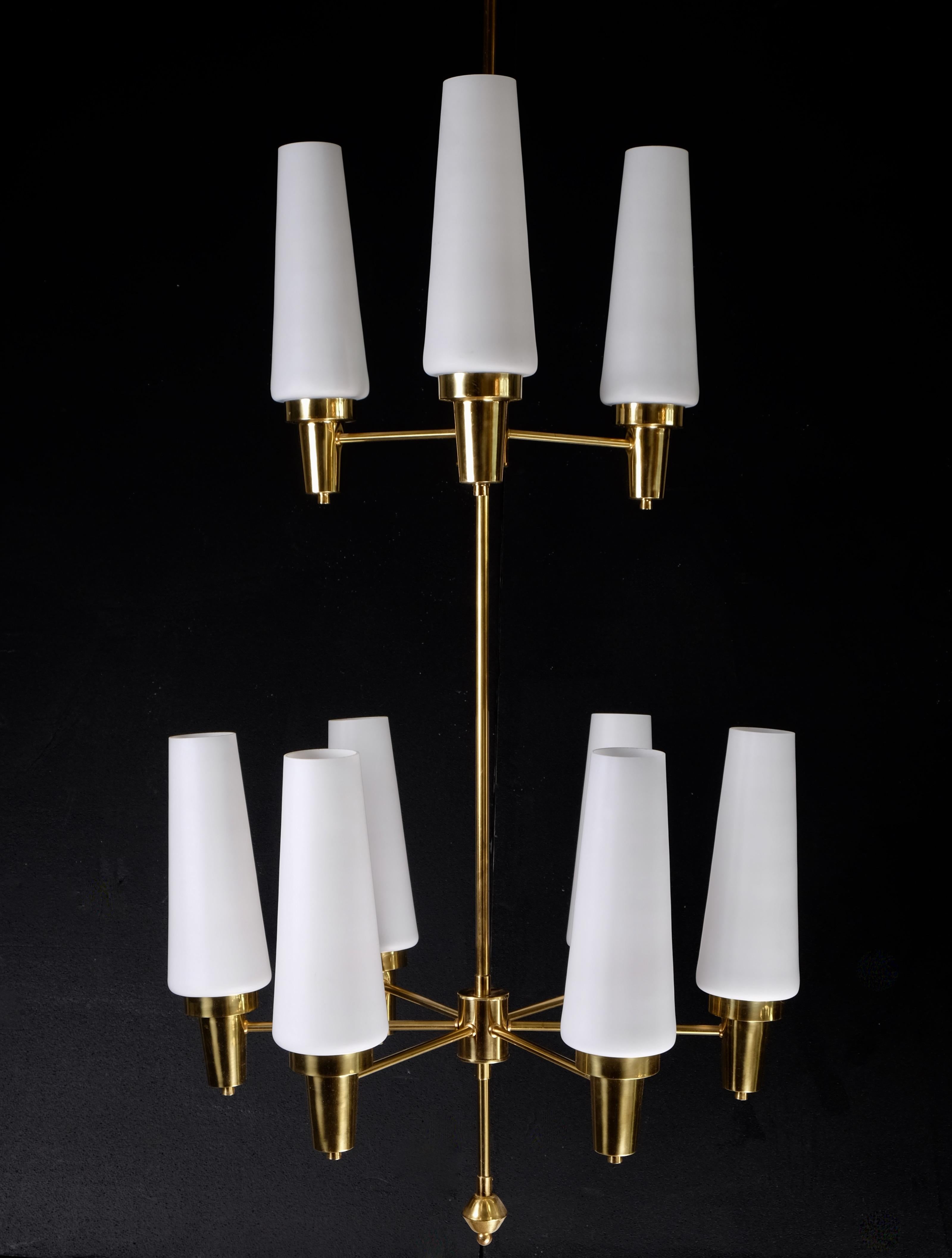 Scandinavian Modern Pair of Swedish Brass Chandeliers, 1950s For Sale