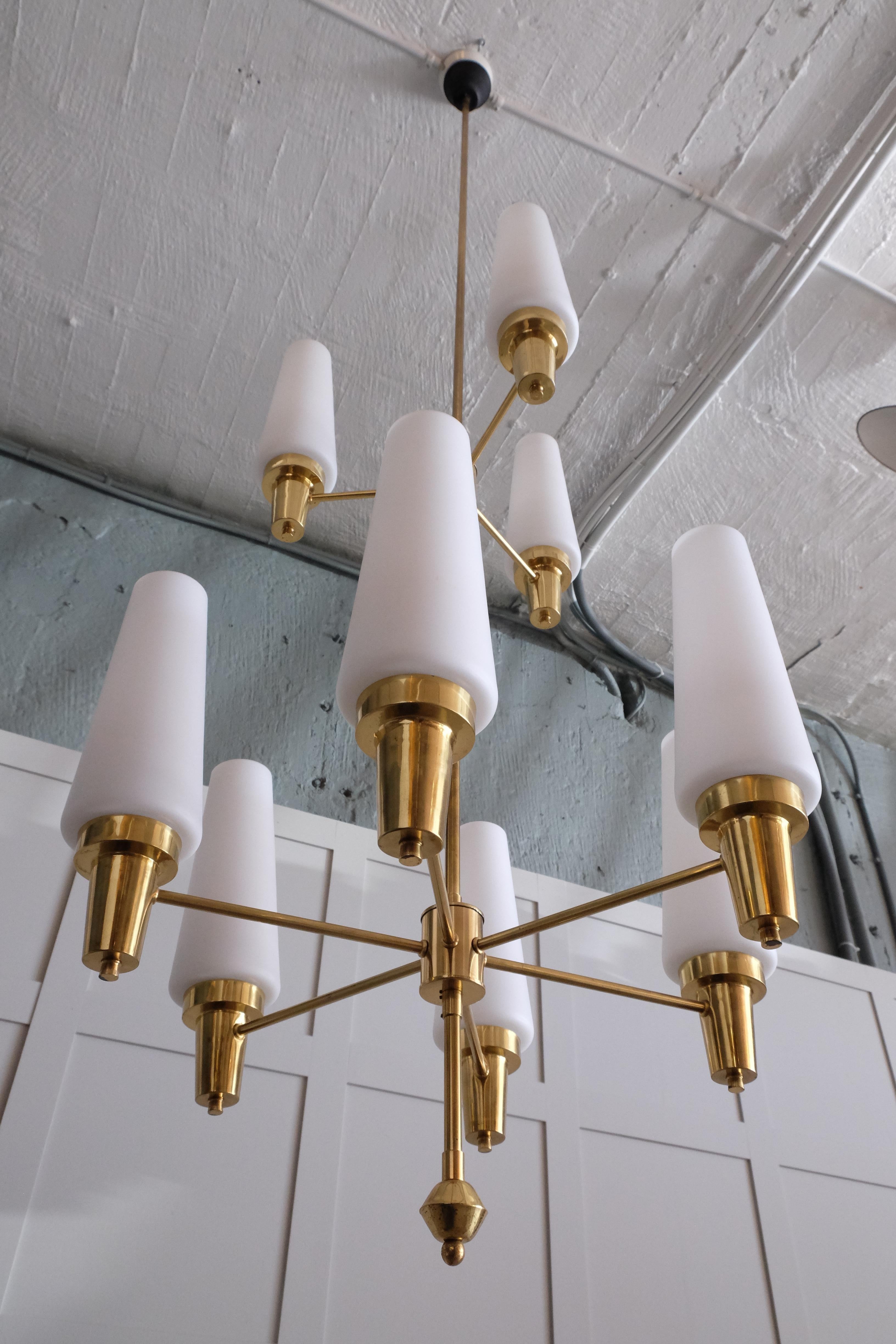 Mid-20th Century Pair of Swedish Brass Chandeliers, 1950s For Sale