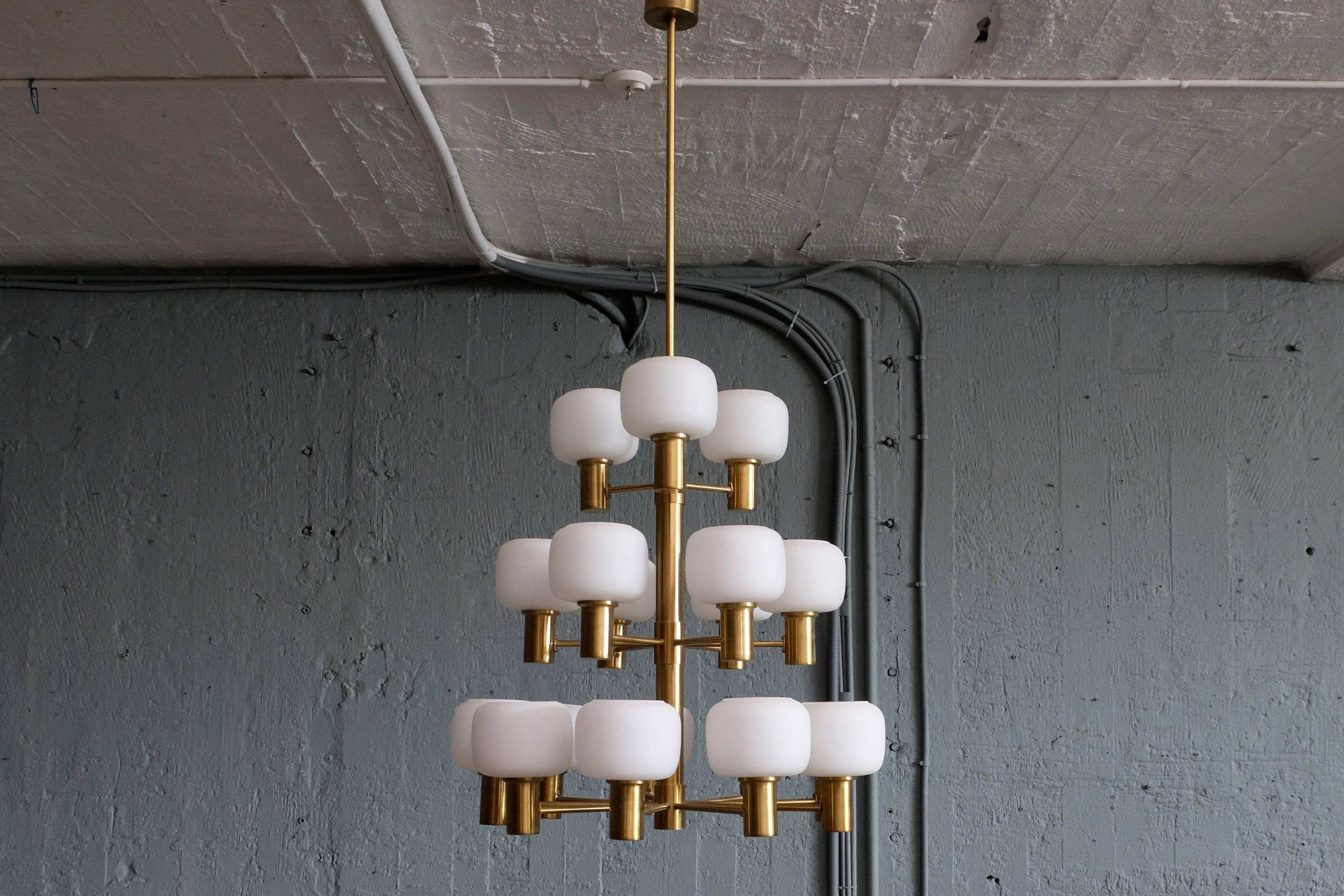 Mid-20th Century Pair of Swedish Brass Chandeliers by ASEA, 1950s For Sale